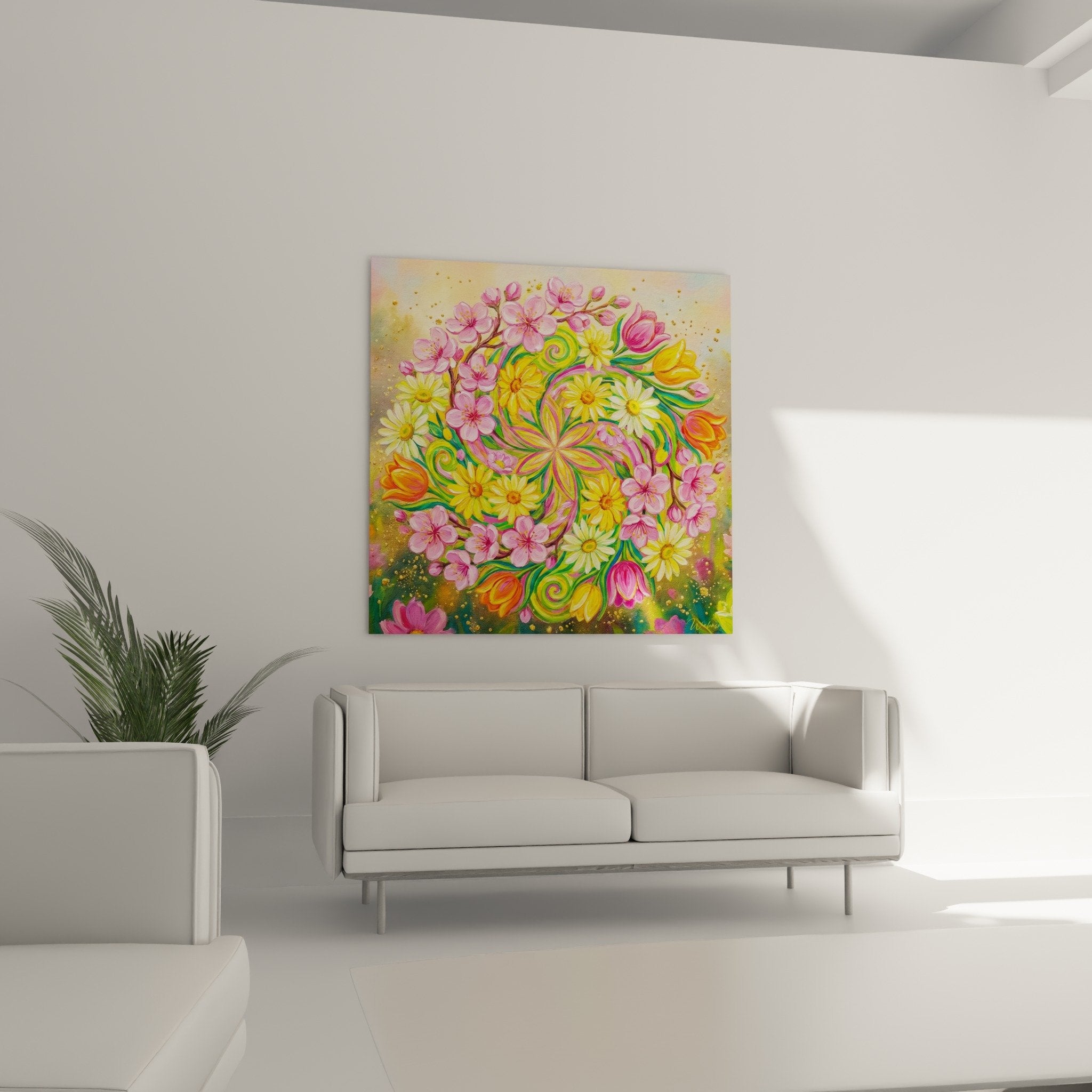 Detailaufnahme des blumigen Mandalas mit rosa und gelben Blüten und grünen Spiralen auf hellem Hintergrund