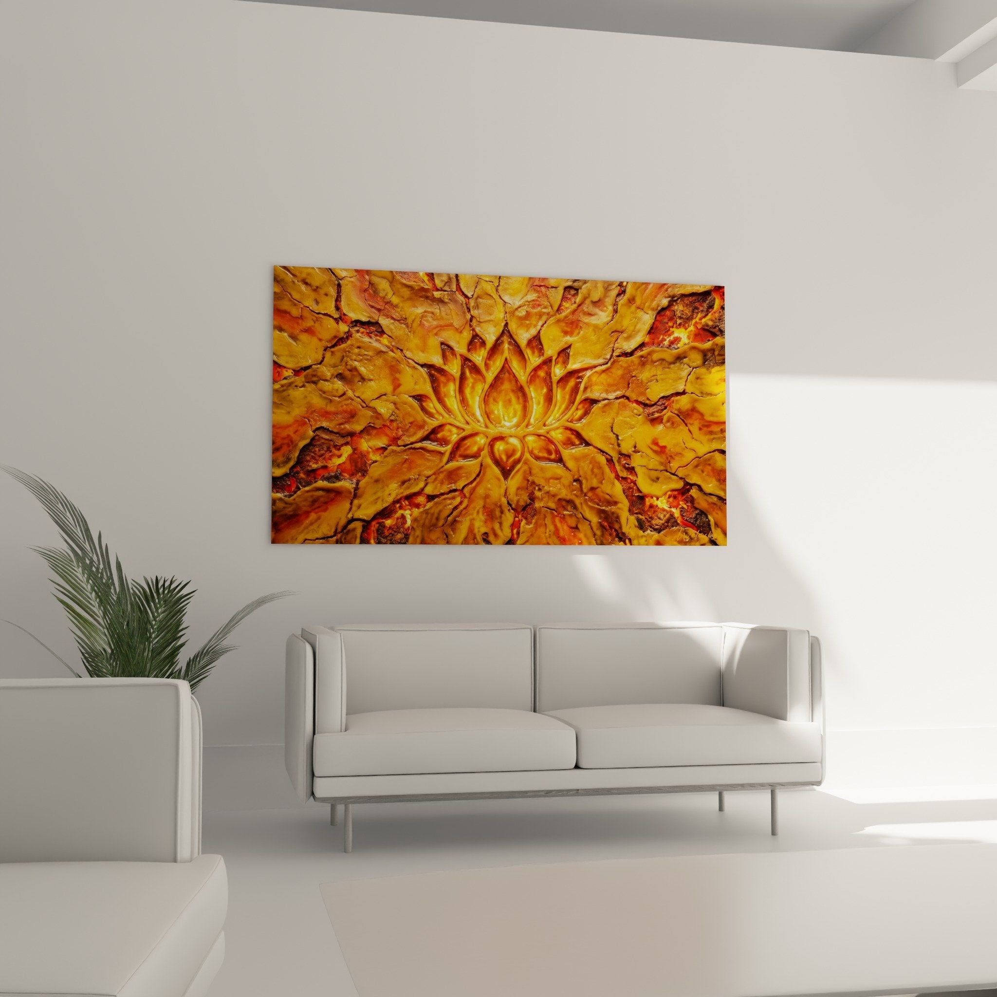 Detailaufnahme von goldenem Blumenmandala mit rissiger Steintextur und metallischen Reflexen - Chakra-Kunst