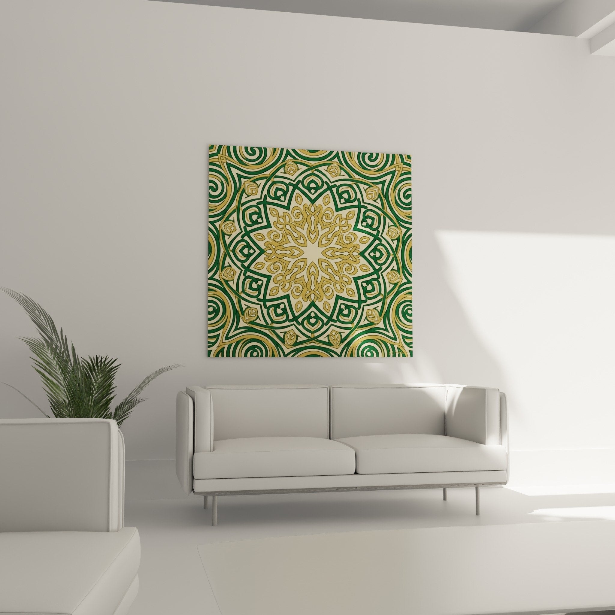 Detail rapproche du mandala montrant les motifs floraux dores et les entrelacs geometriques verts