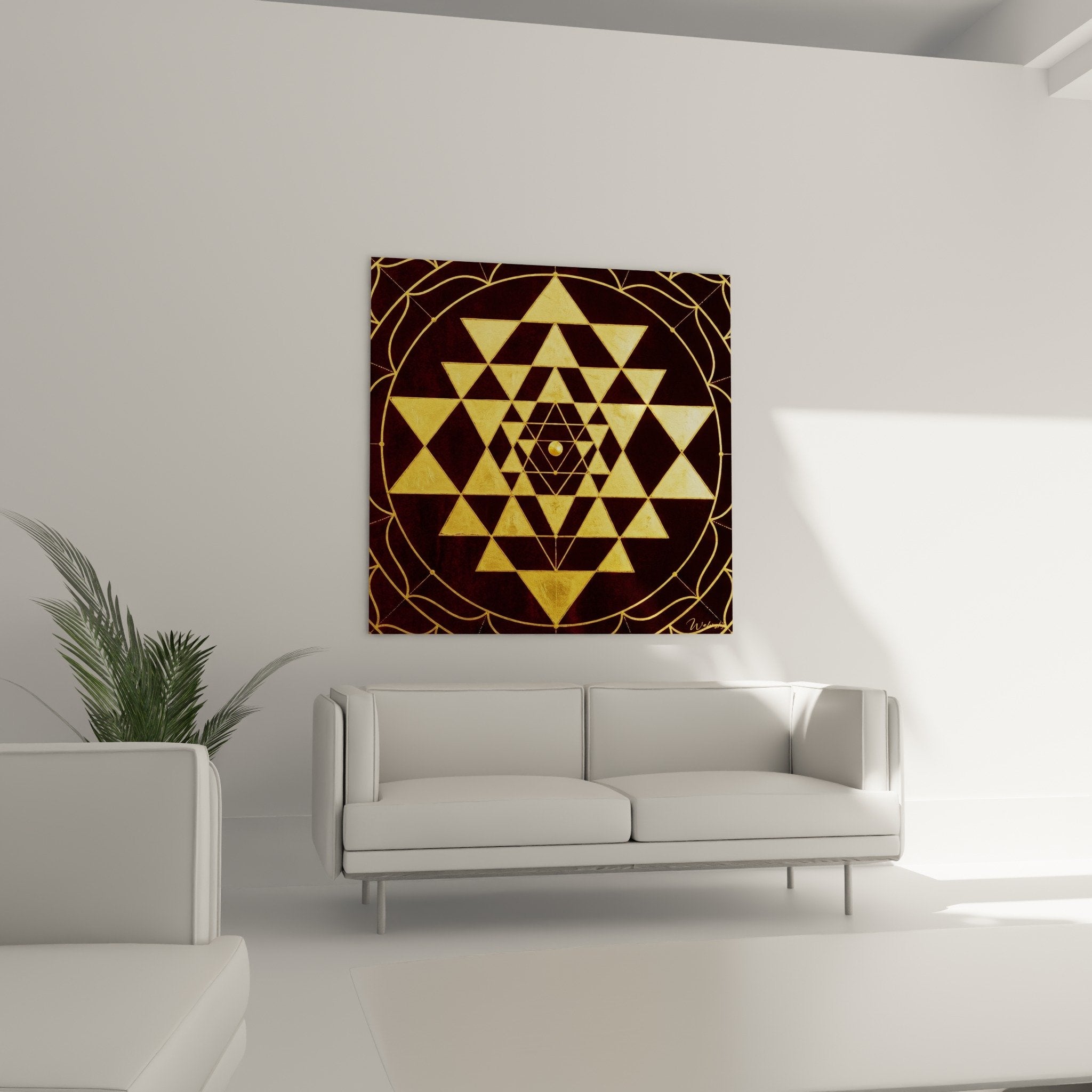 Detail mandala triangles dores point central yantra lignes geometriques precises art spirituel bordeaux