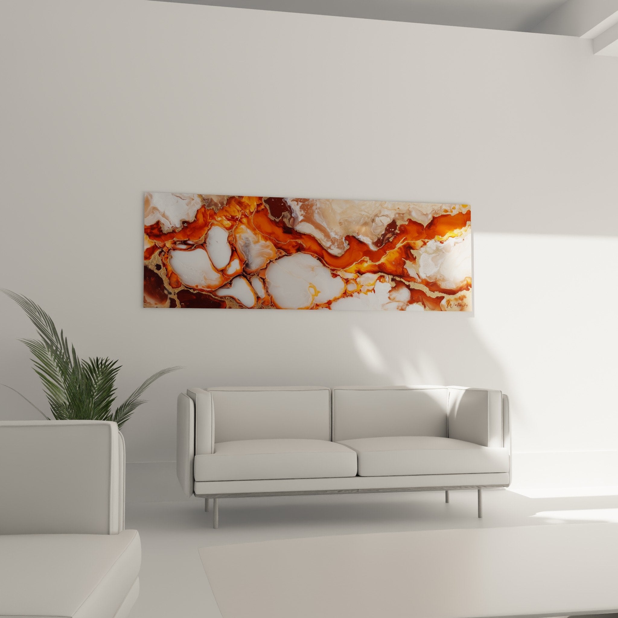 Détail rapproché des formations orange cuivre et blanc nacré du tableau marbre abstrait avec veines dorées