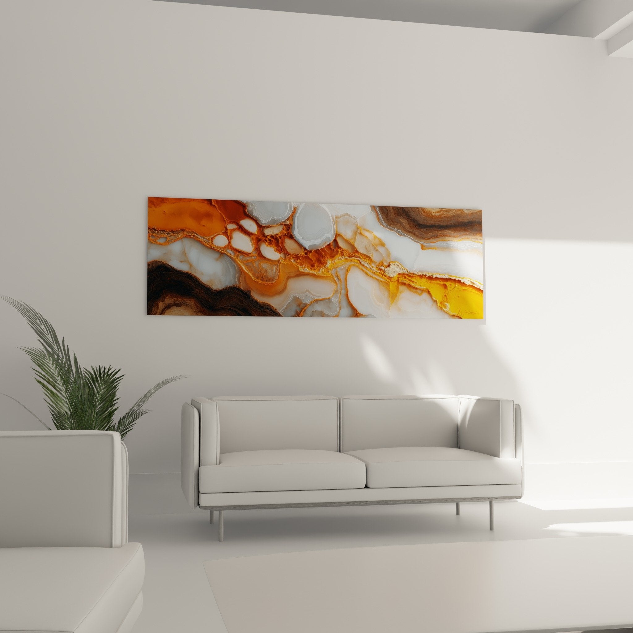 Detail rapproche marbre abstrait montrant textures orange cuivre bulles blanches et veines dorees naturelles