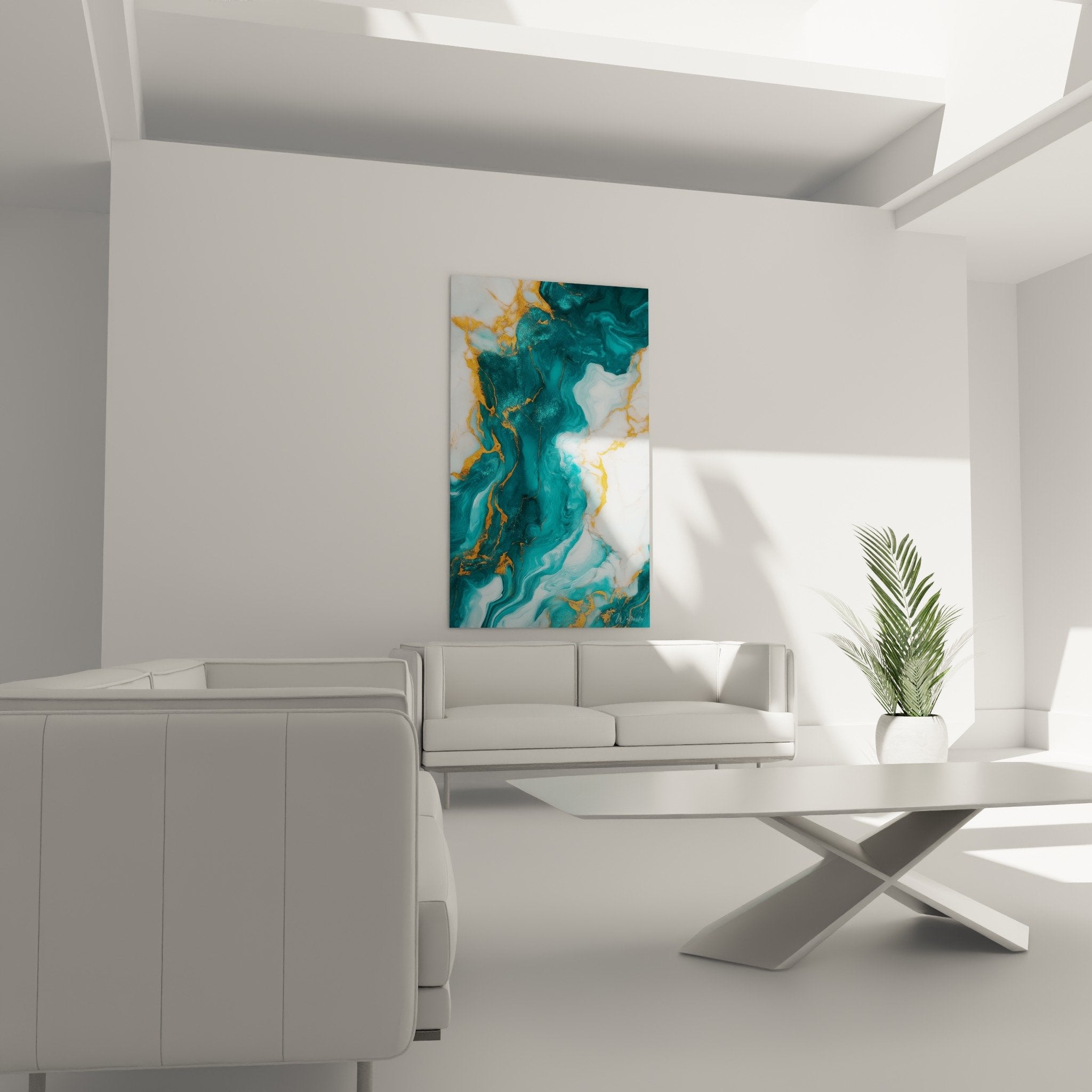 detail rapproche tableau marbre abstrait veines dorees sur fond turquoise texture fluide