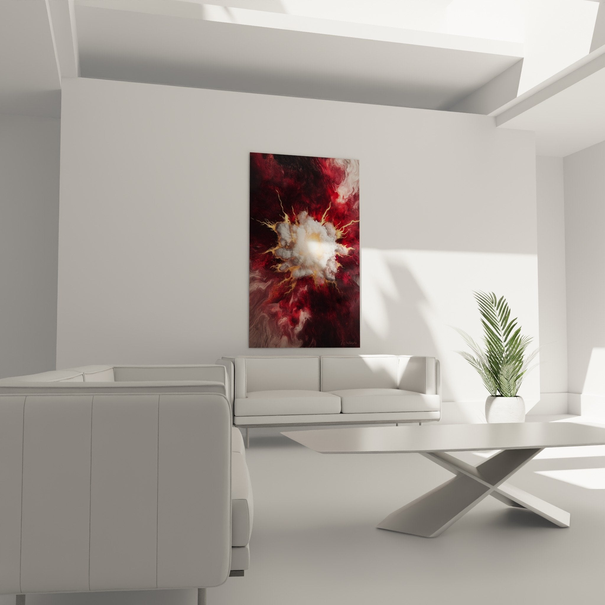 Detail tableau marbre abstrait montrant veines rouges blanches et filaments dores lumineux texture