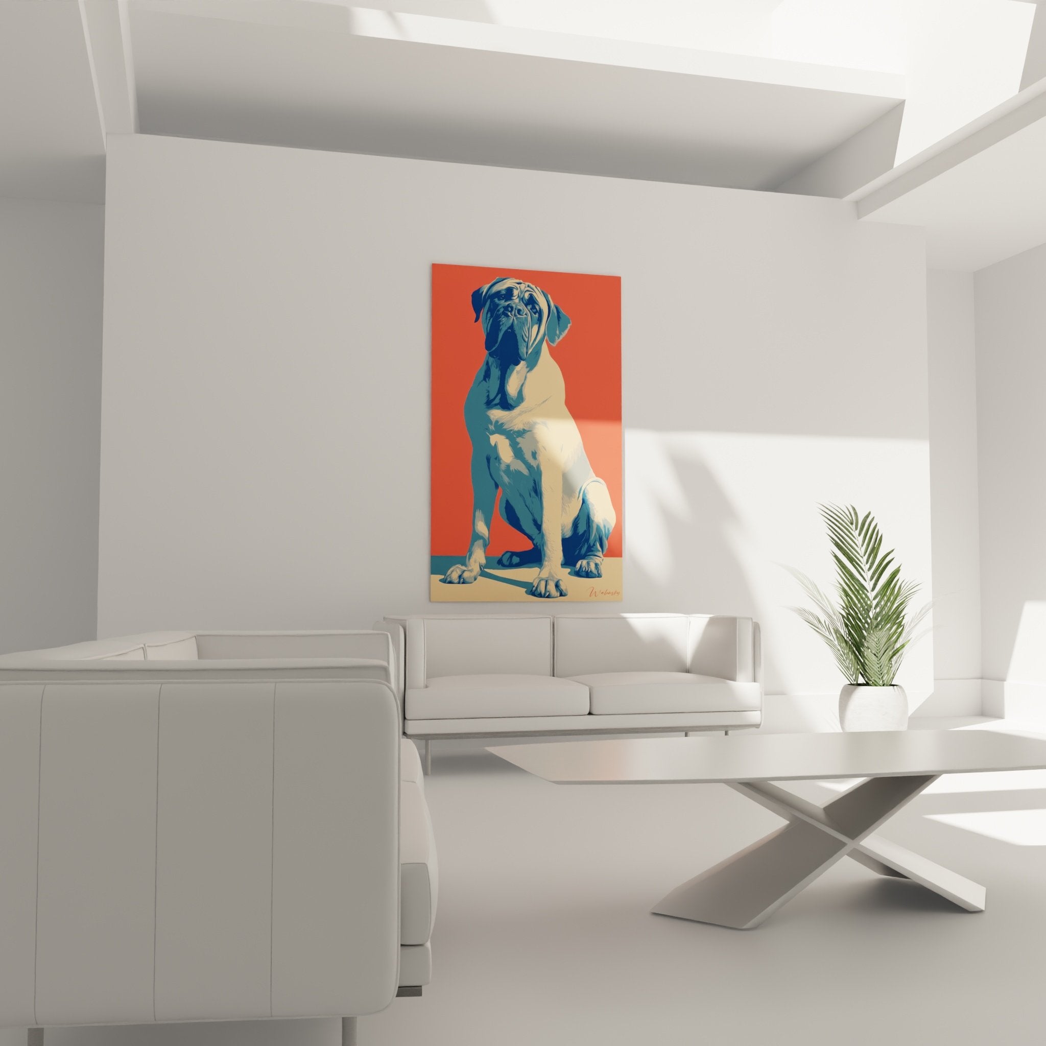 Détail portrait Mastiff Anglais peinture contemporaine nuances bleu doré texture pelage