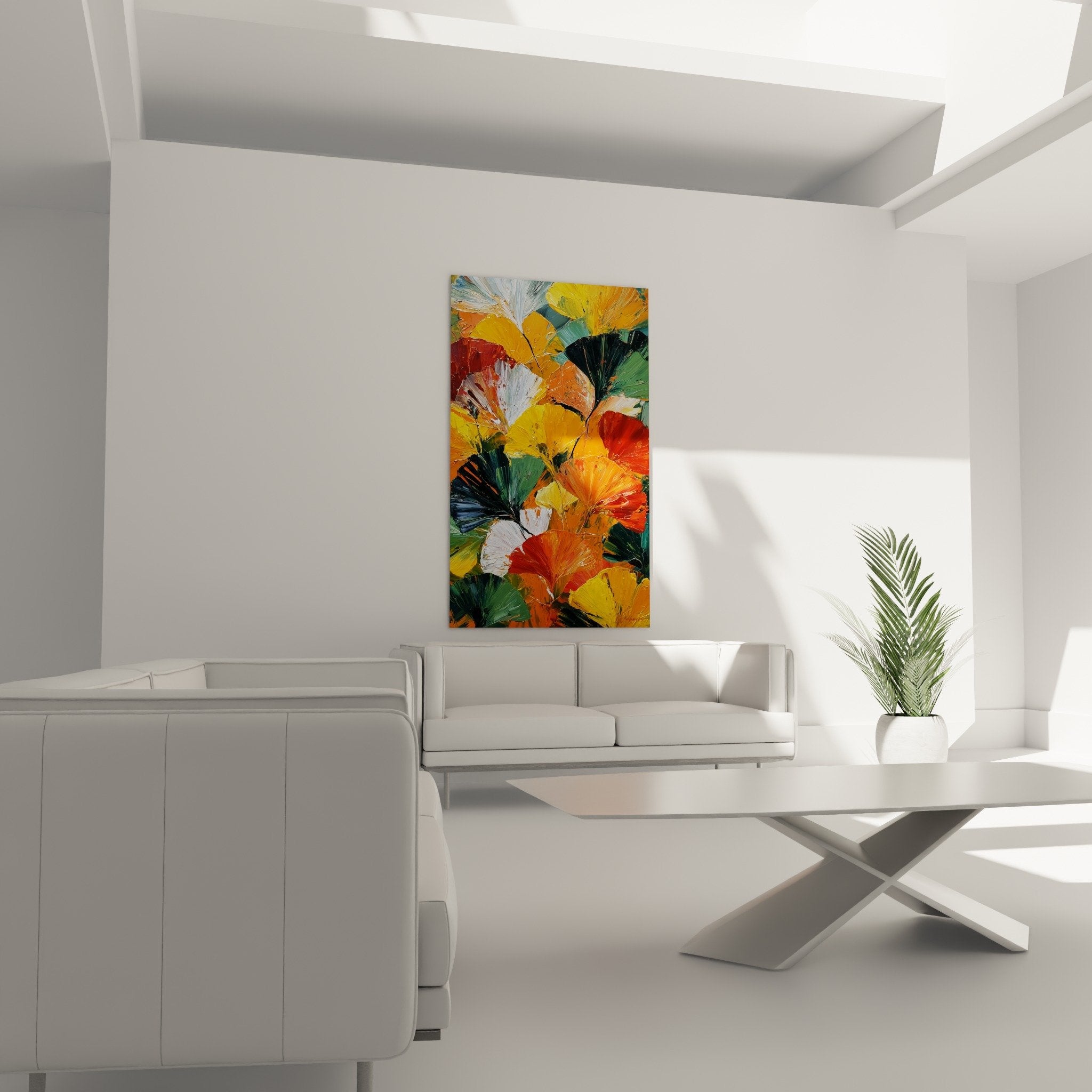Détail matière empâtée feuilles ginkgo relief texture couteau peinture orange jaune nervures