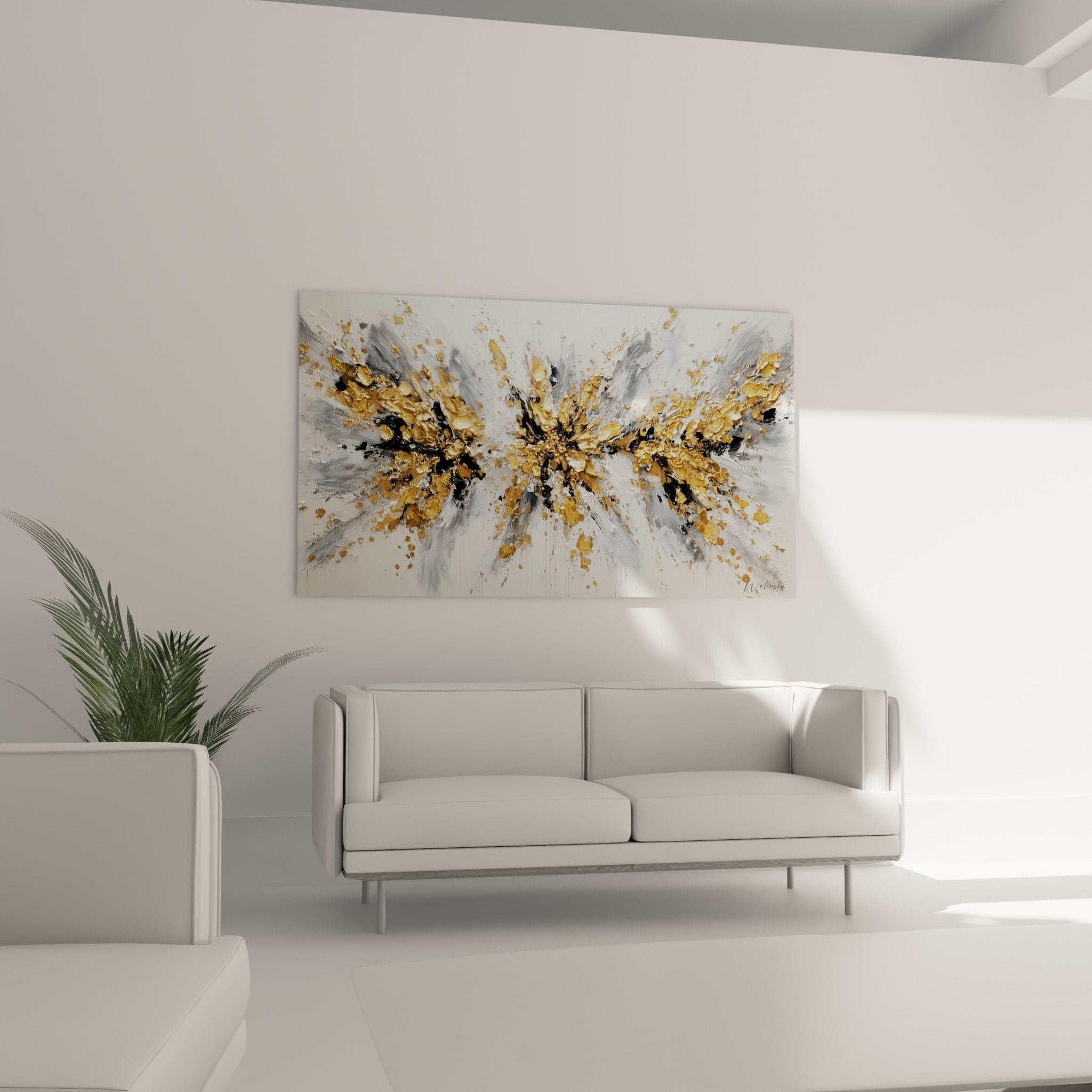 Détail matière tableau abstrait particules dorées empâtements gris texture moderne proche