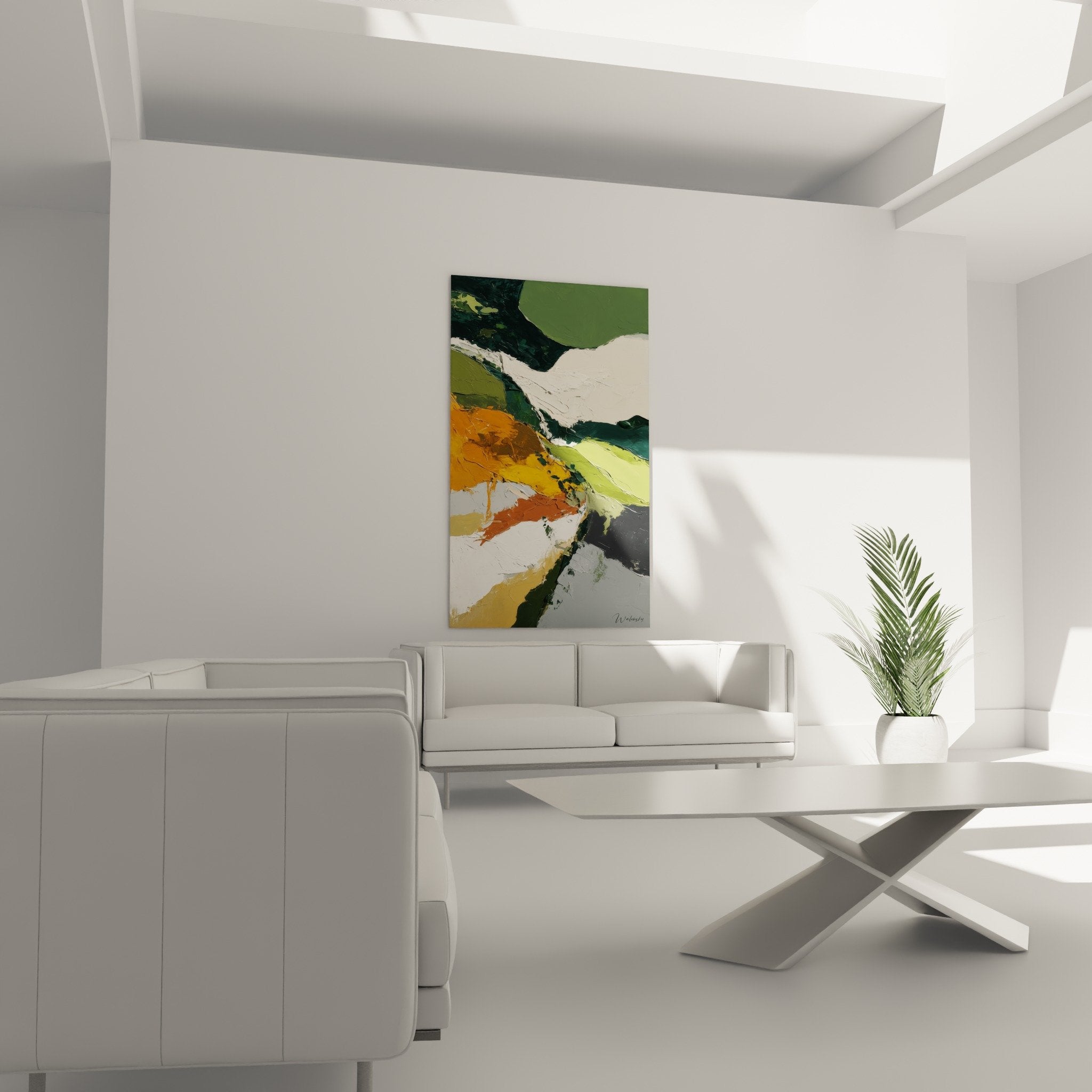 Thick painterly detail abstract painting orange green colors textured relief feng shui wood frame