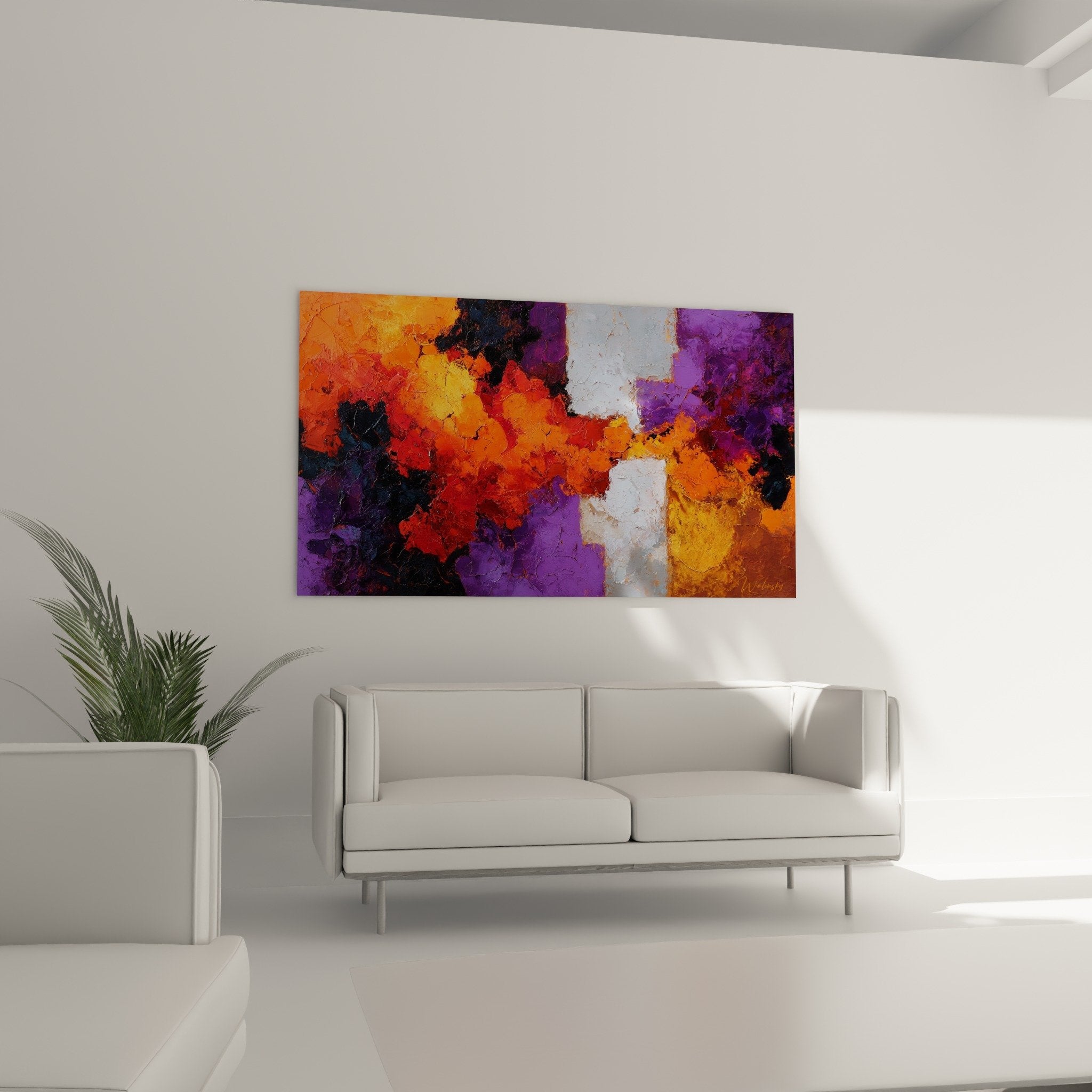 Abstract painting detail orange red purple impasto texture relief colors