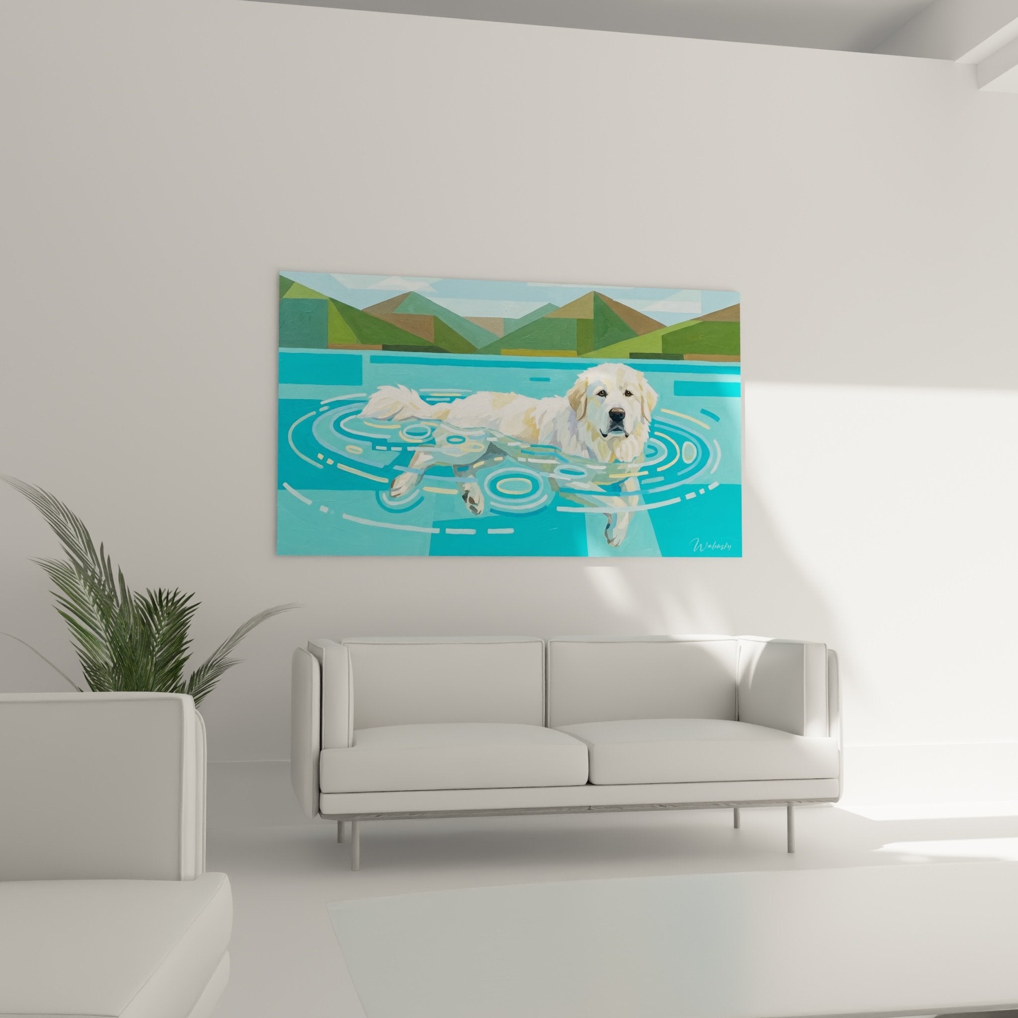 Détail tableau chien blanc pelage doré nageant eau cristalline cercles concentriques bleu turquoise