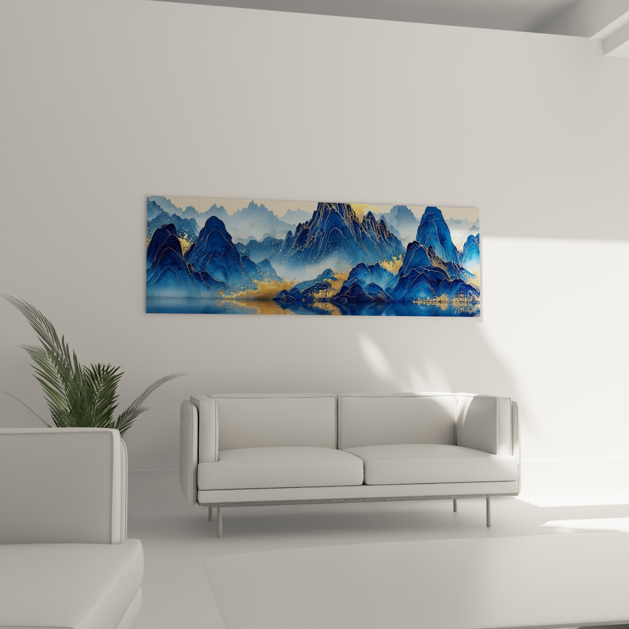 blue mountains detail golden touches artistic painting feng shui north water texture