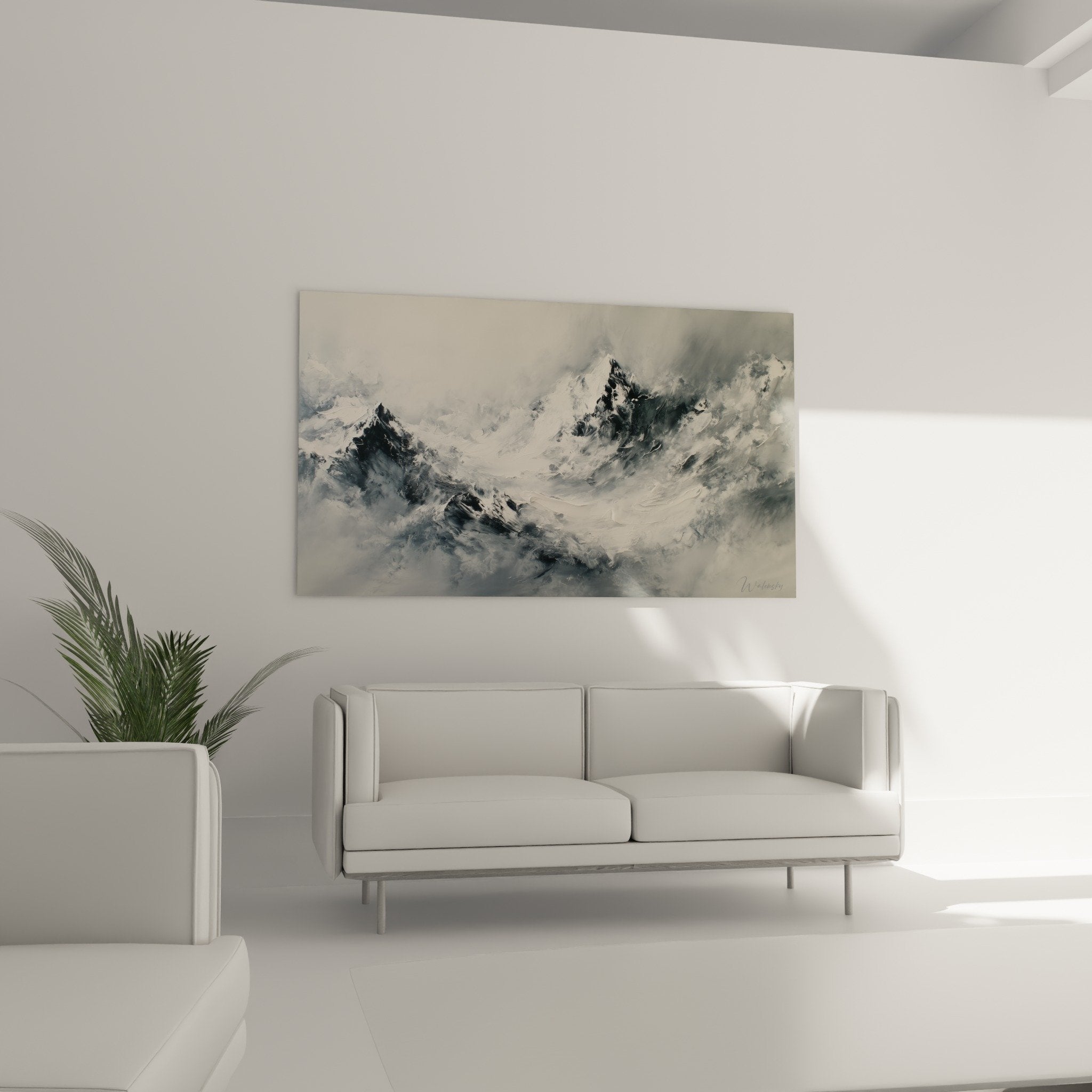 Snowy mountains detail painting gray blue clouds feng shui west metal texture