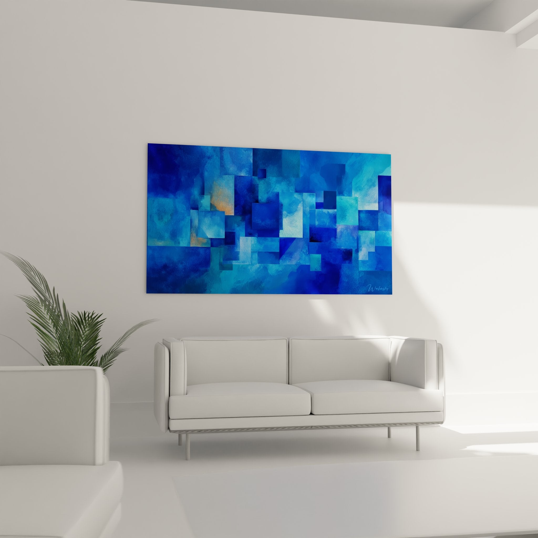 Gros plan détail tableau abstrait bleu mosaïque géométrique textures transparences art contemporain sophistiqué