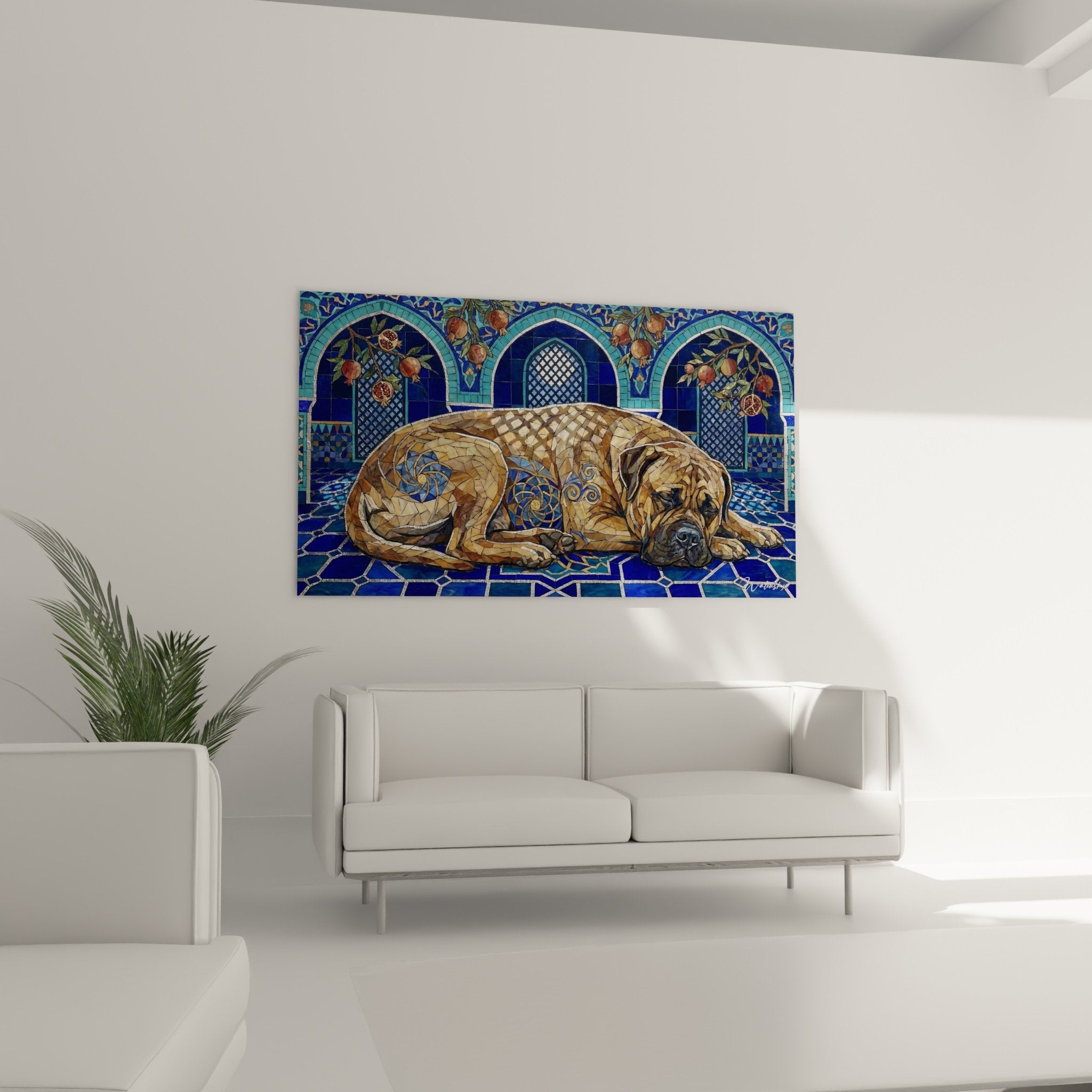 Détail mosaïque Bullmastiff spirales dorées sur pelage fauve, technique artistique raffinée tons chauds