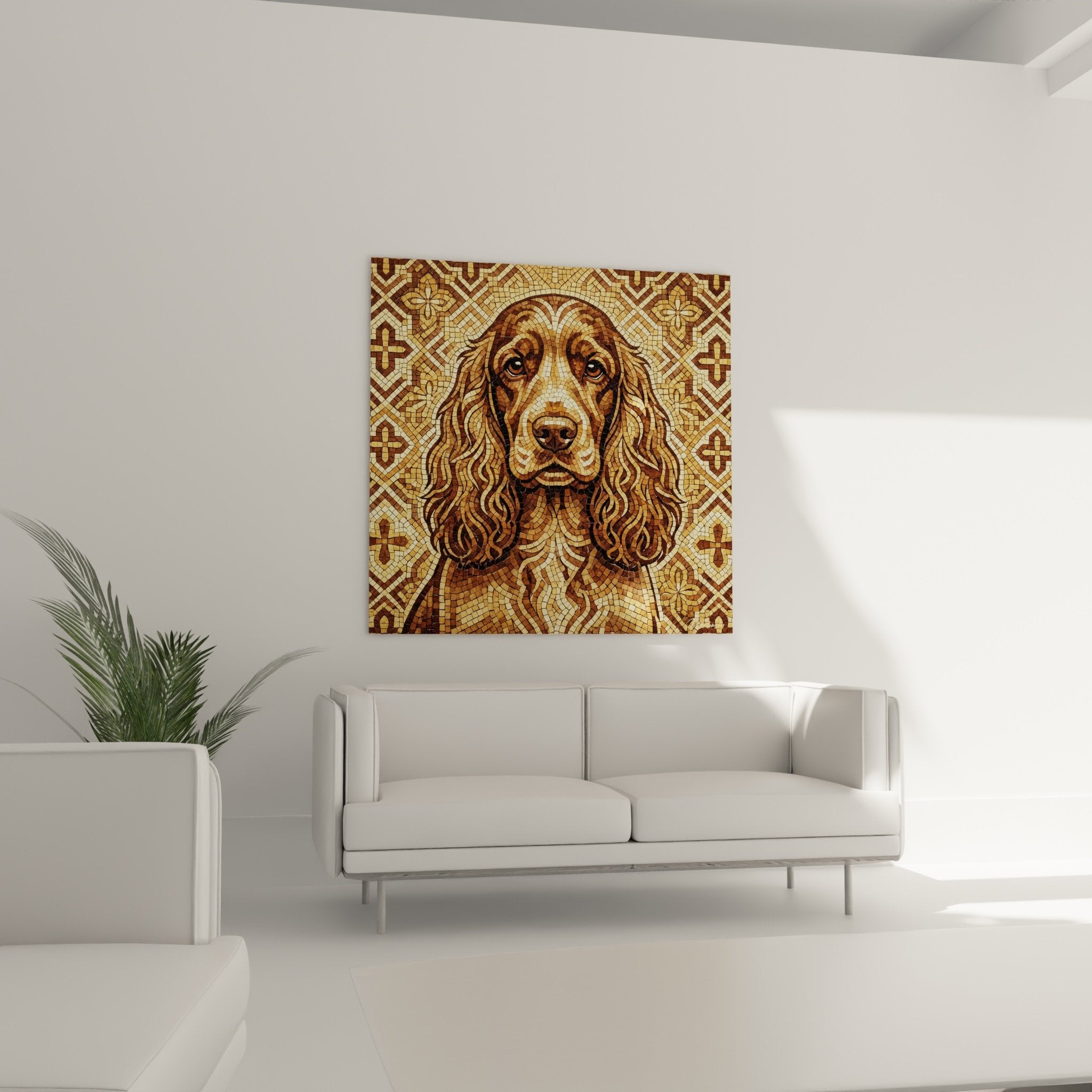Détail mosaïque portrait Cocker Anglais - Tesselles dorées et regard expressif en gros plan artistique