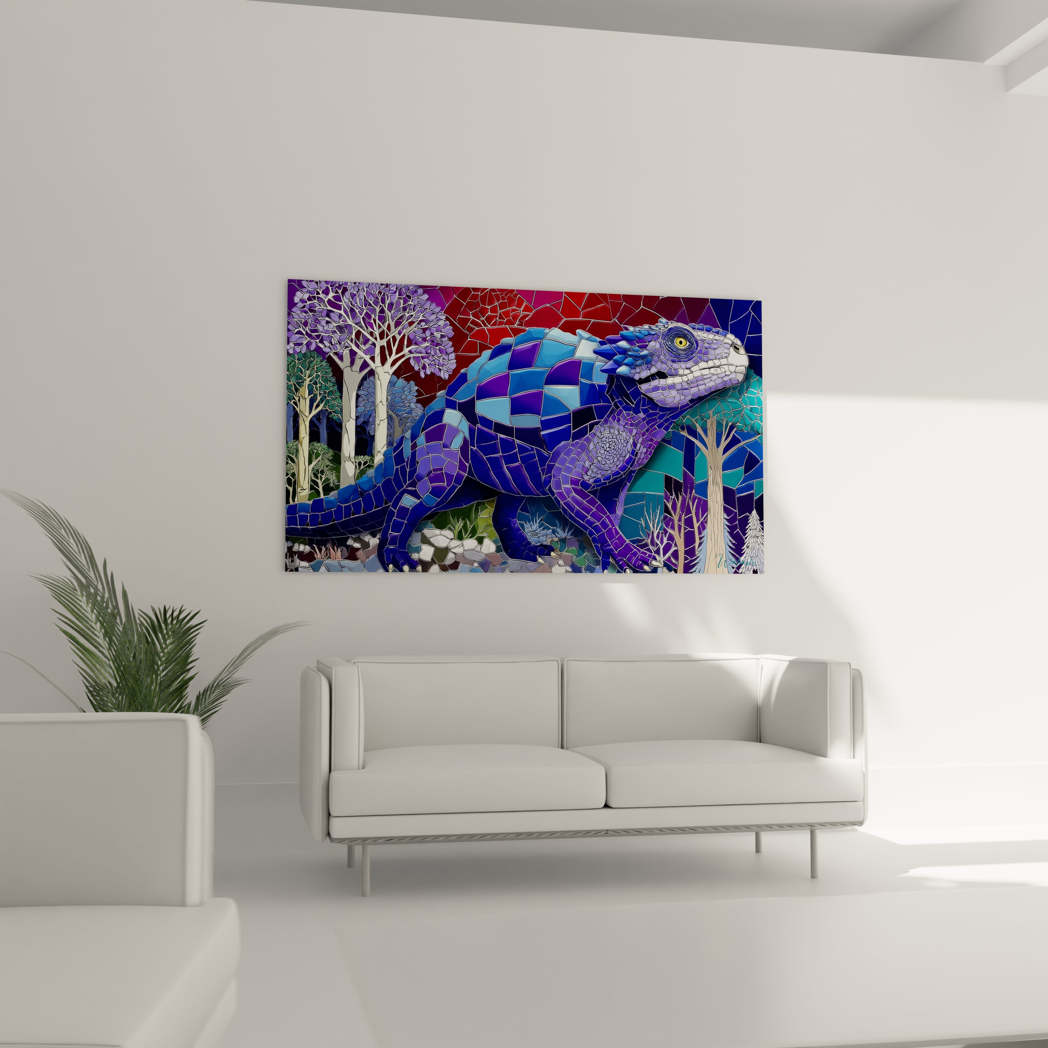 Gros plan détail mosaïque colorée dinosaure Scutosaurus art géométrique bleu violet