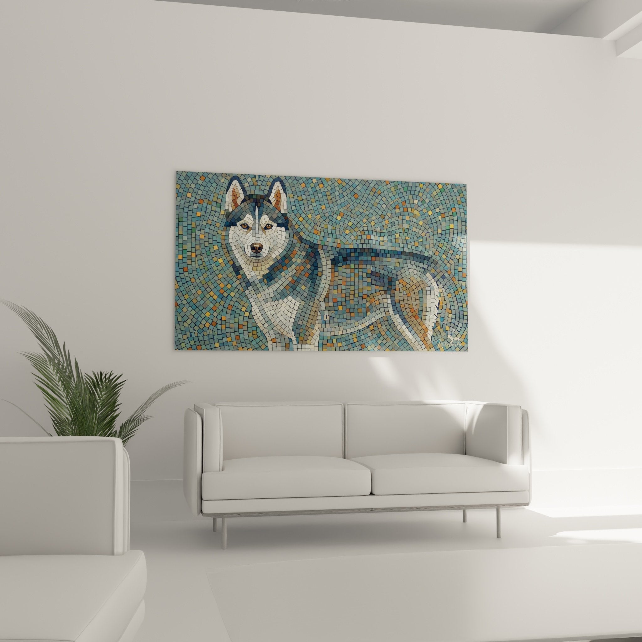 Detail mosaique husky siberien tesselles bleu gris ocre technique artisanale regard perçant gros plan