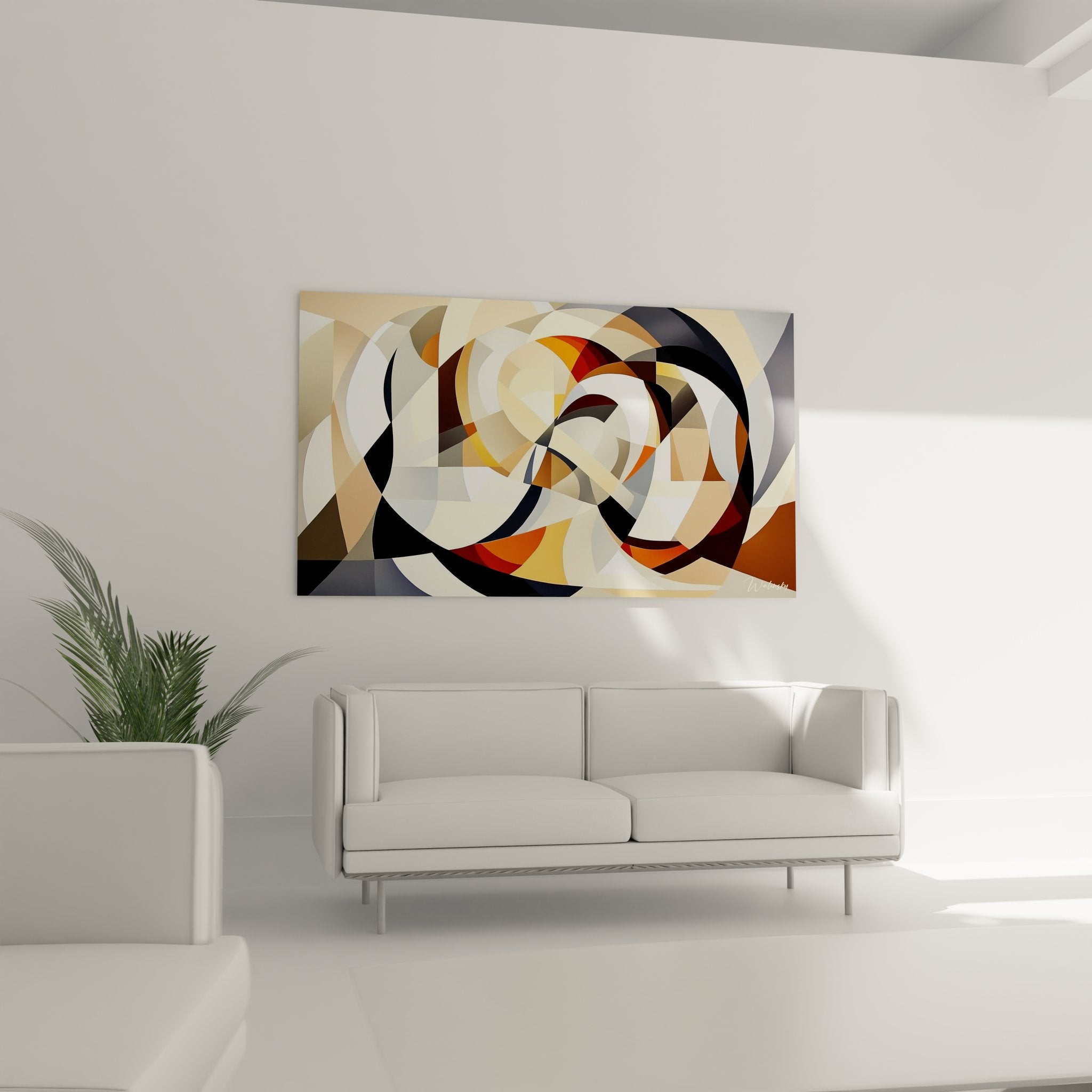 Détail tableau abstrait motifs circulaires géométriques superposés tons neutres