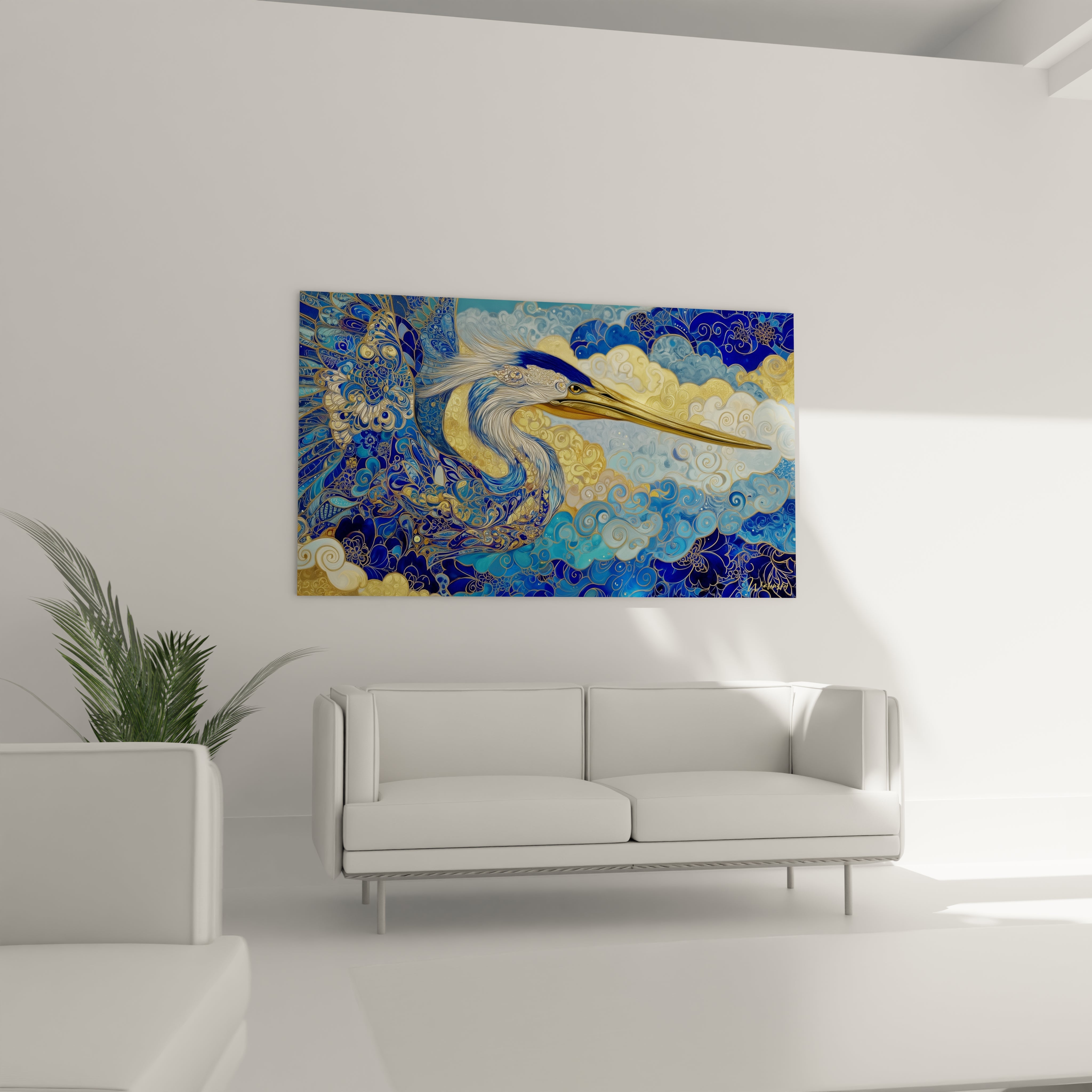 Détail gros plan motifs ornementaux dorés sur plumage héron tableau art oriental