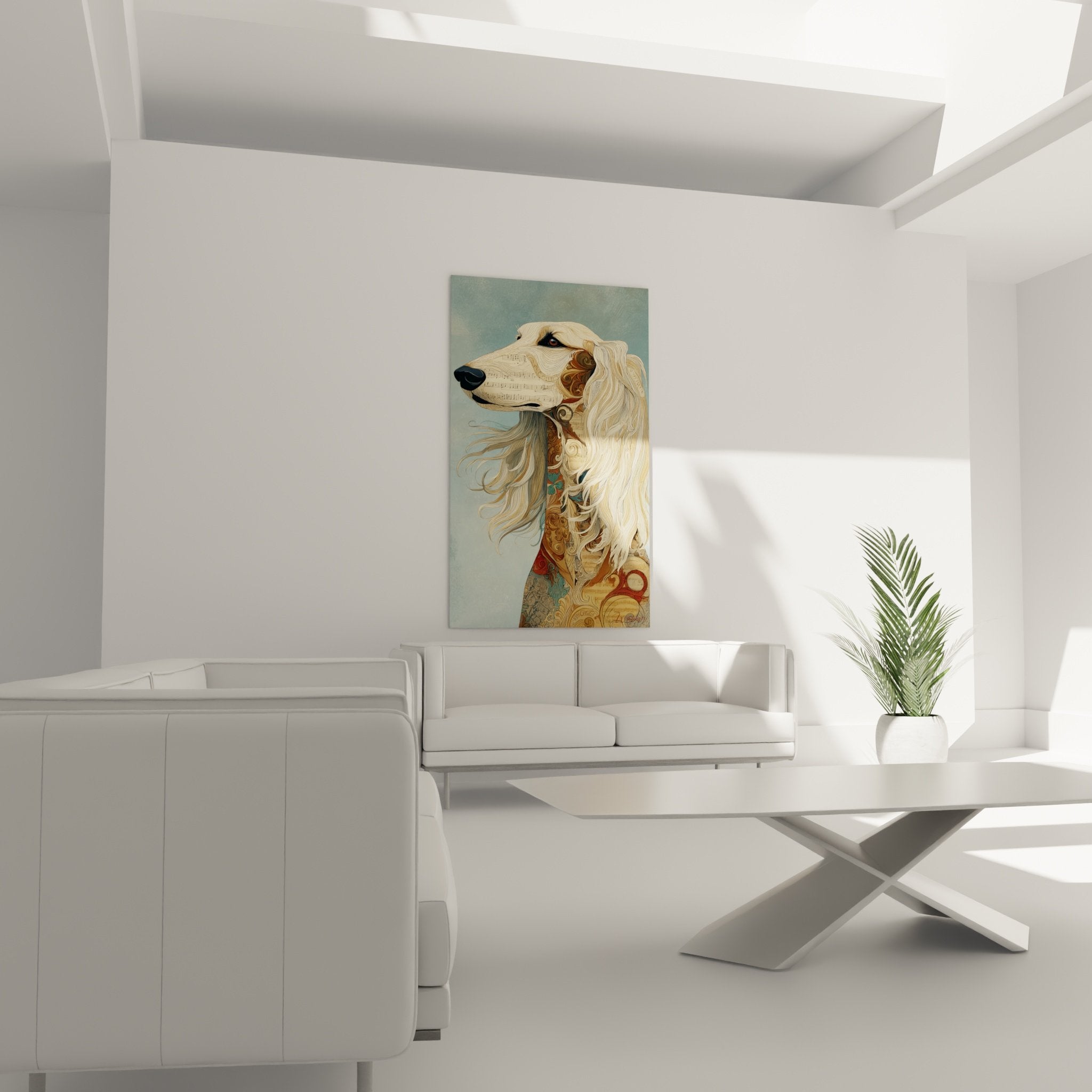 Détail des motifs ornementaux dorés et partitions intégrées au pelage du lévrier afghan