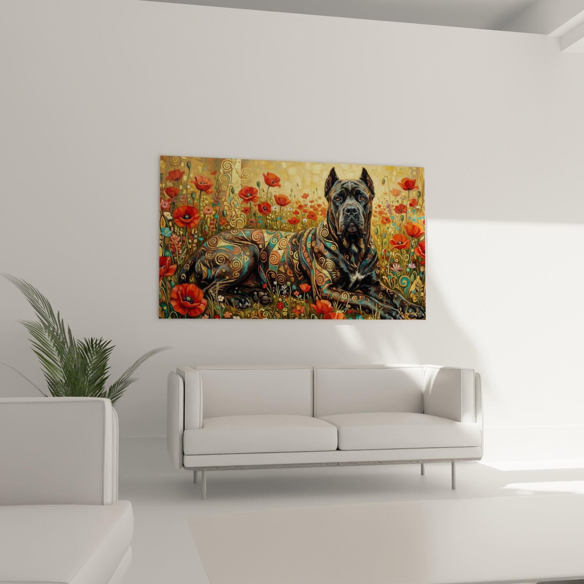 Détail rapproché motifs dorés spirales byzantines sur pelage Cane Corso art décoratif ornementé
