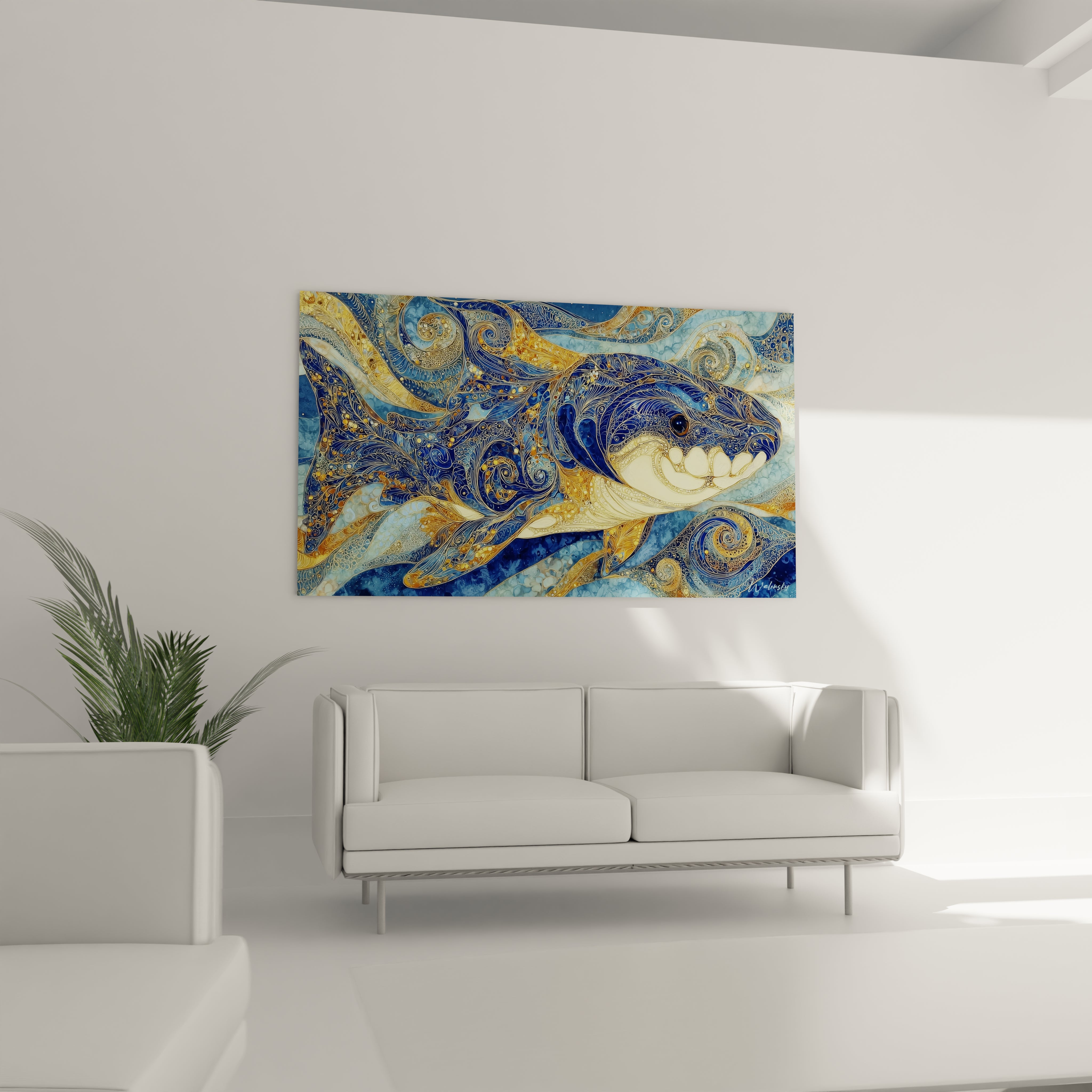 Gros plan détails ornementaux dorés tableau Dunkleosteus spirales décoratives art décoratif