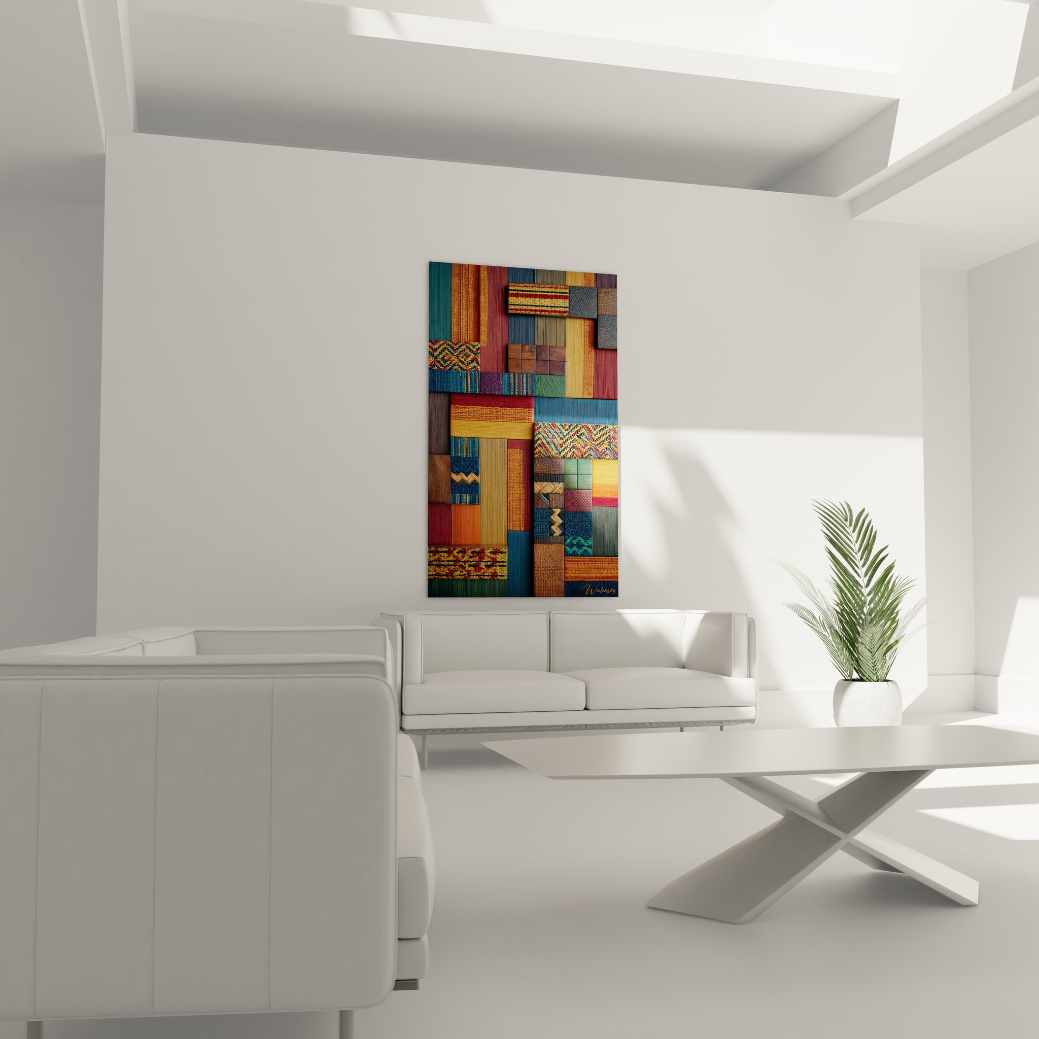 Gros plan détaillé des motifs ethniques et textures tissées du tableau patchwork africain multicolore