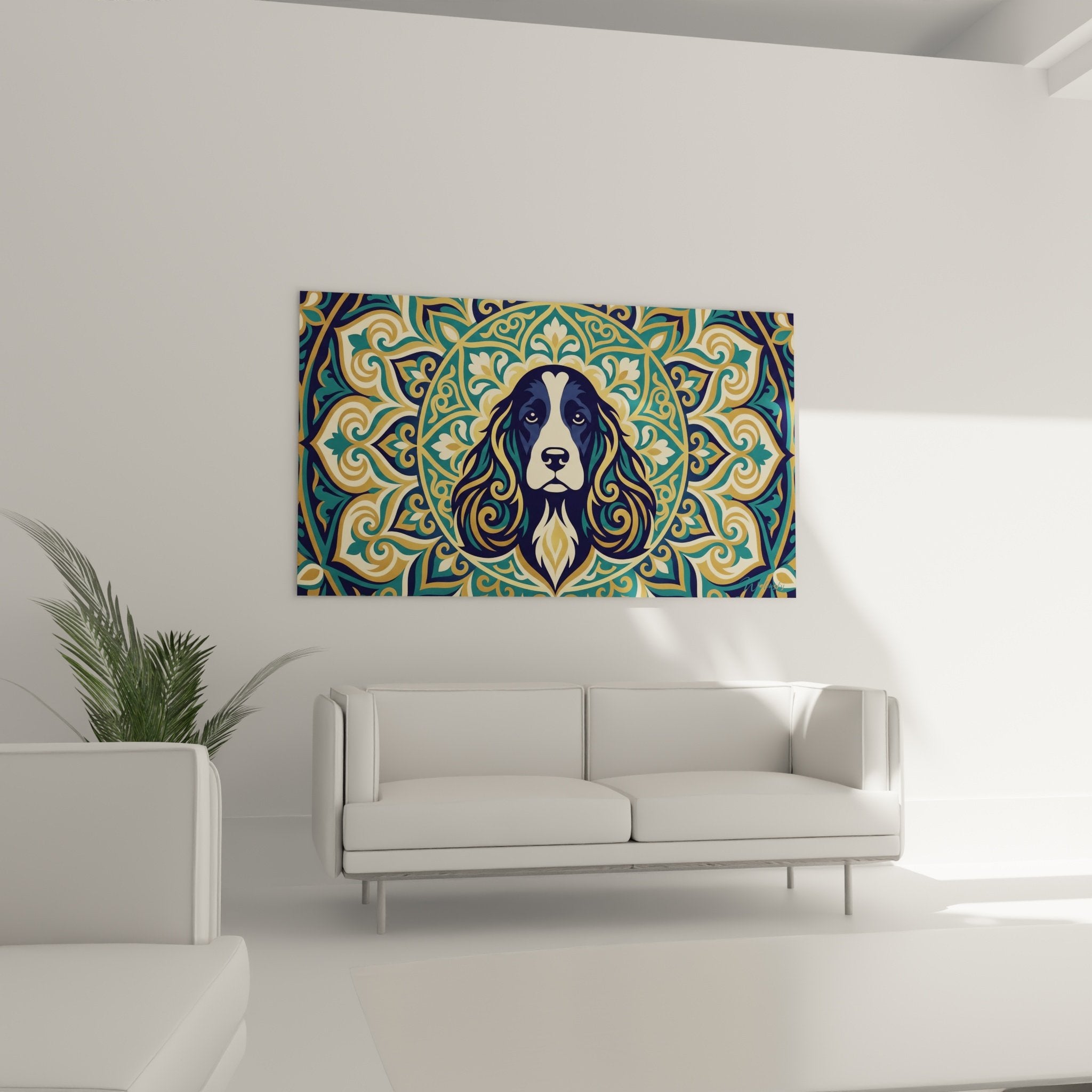 Détail rapproché motifs floraux dorés et portrait expressif Cocker Anglais aux oreilles tombantes