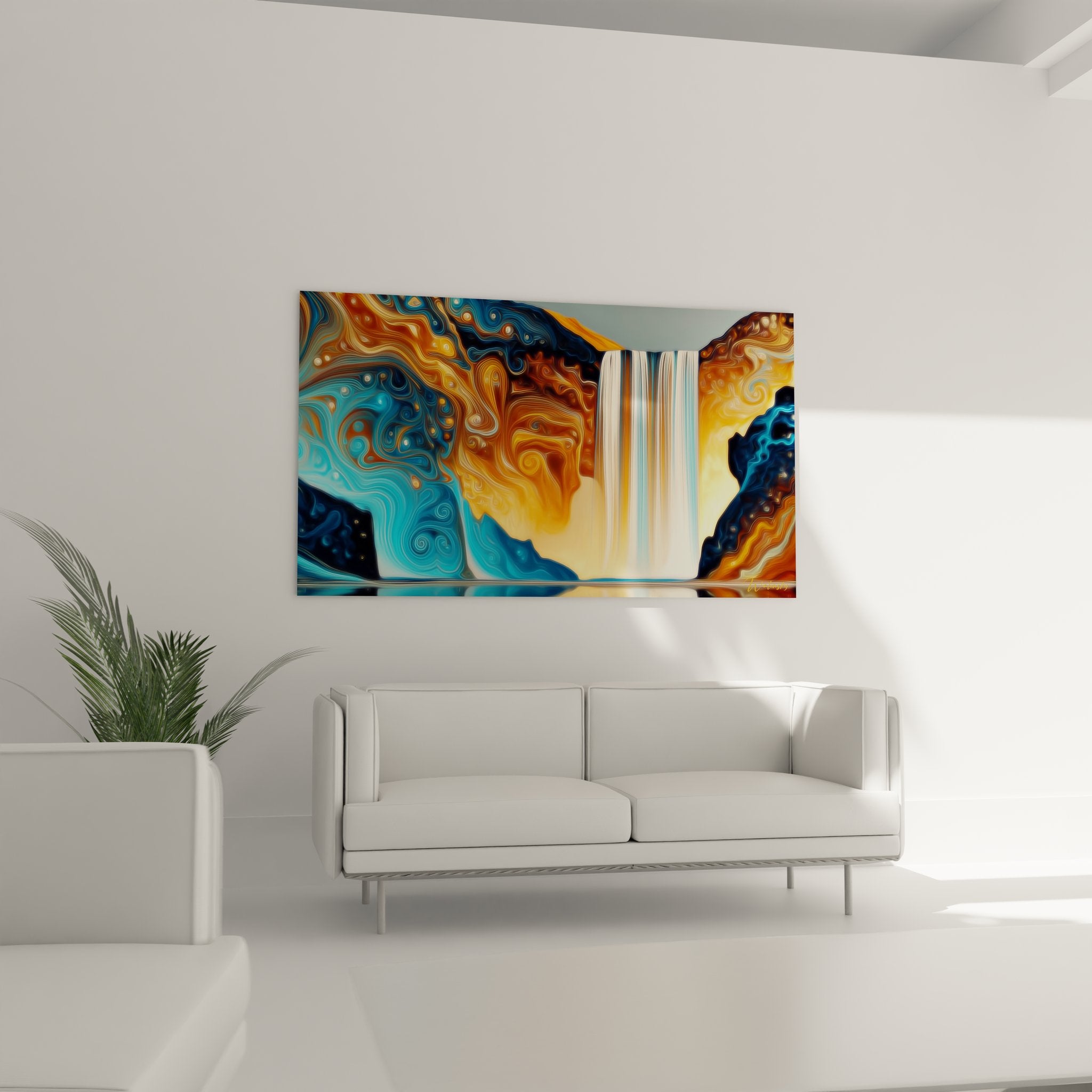 Gros plan détaillé des motifs fluides dorés et spirales du tableau cascade abstraite