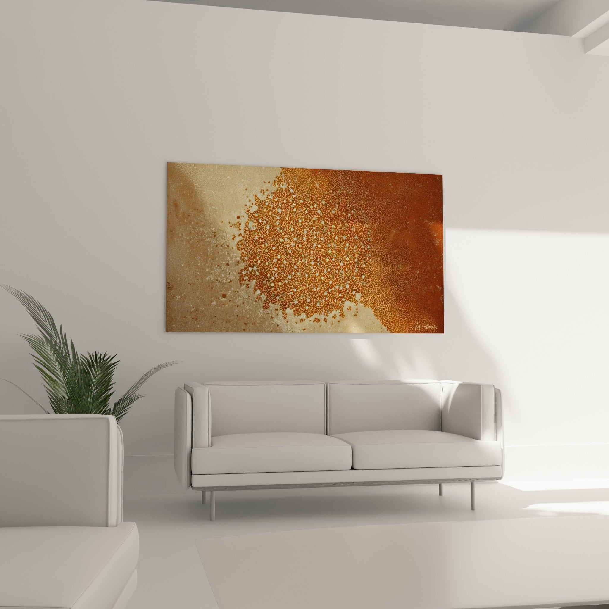 Detail motifs geometriques dores scintillants art islamique texture granuleuse ocre