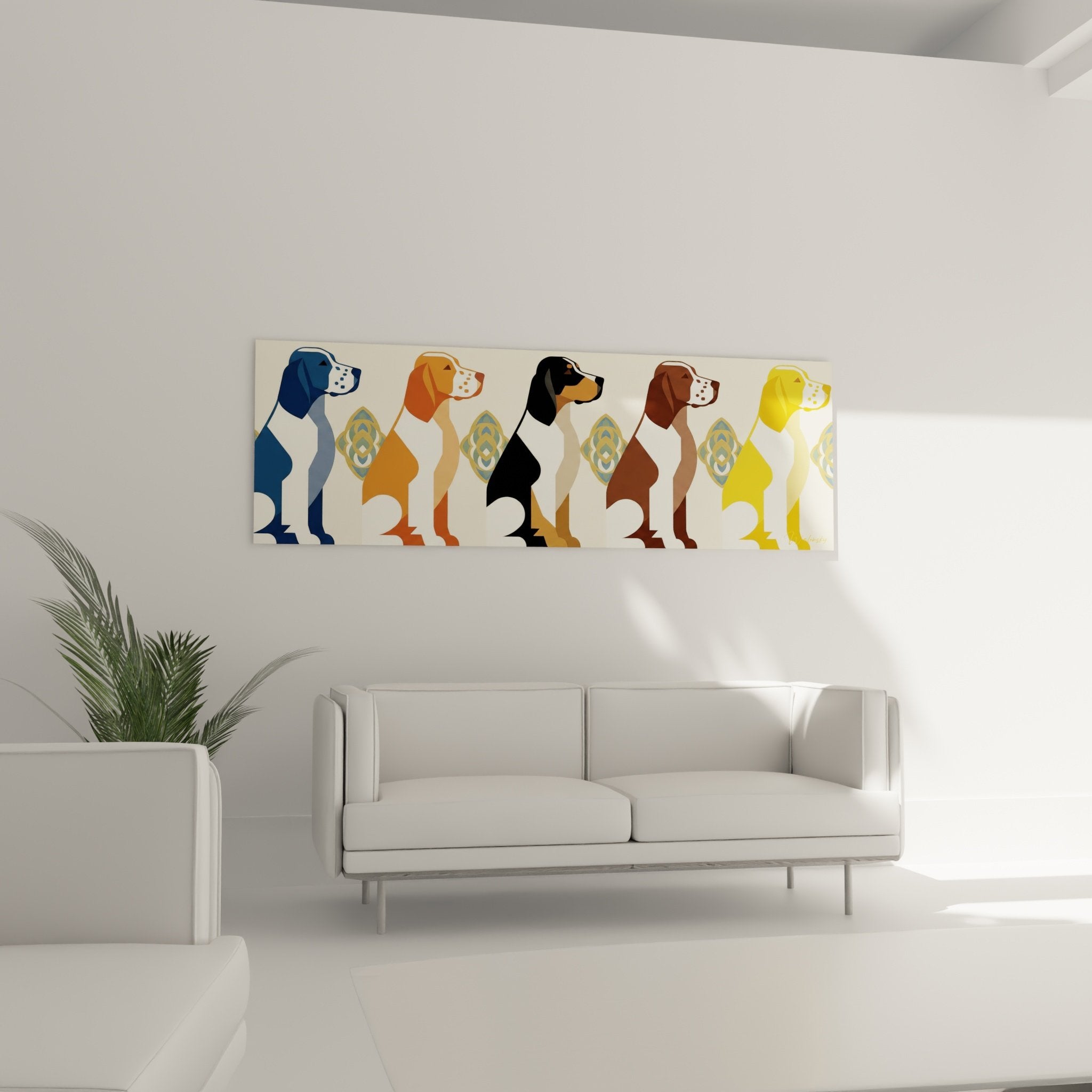 Détail gros plan motifs géométriques Setter Anglais profils stylisés palette colorée moderne