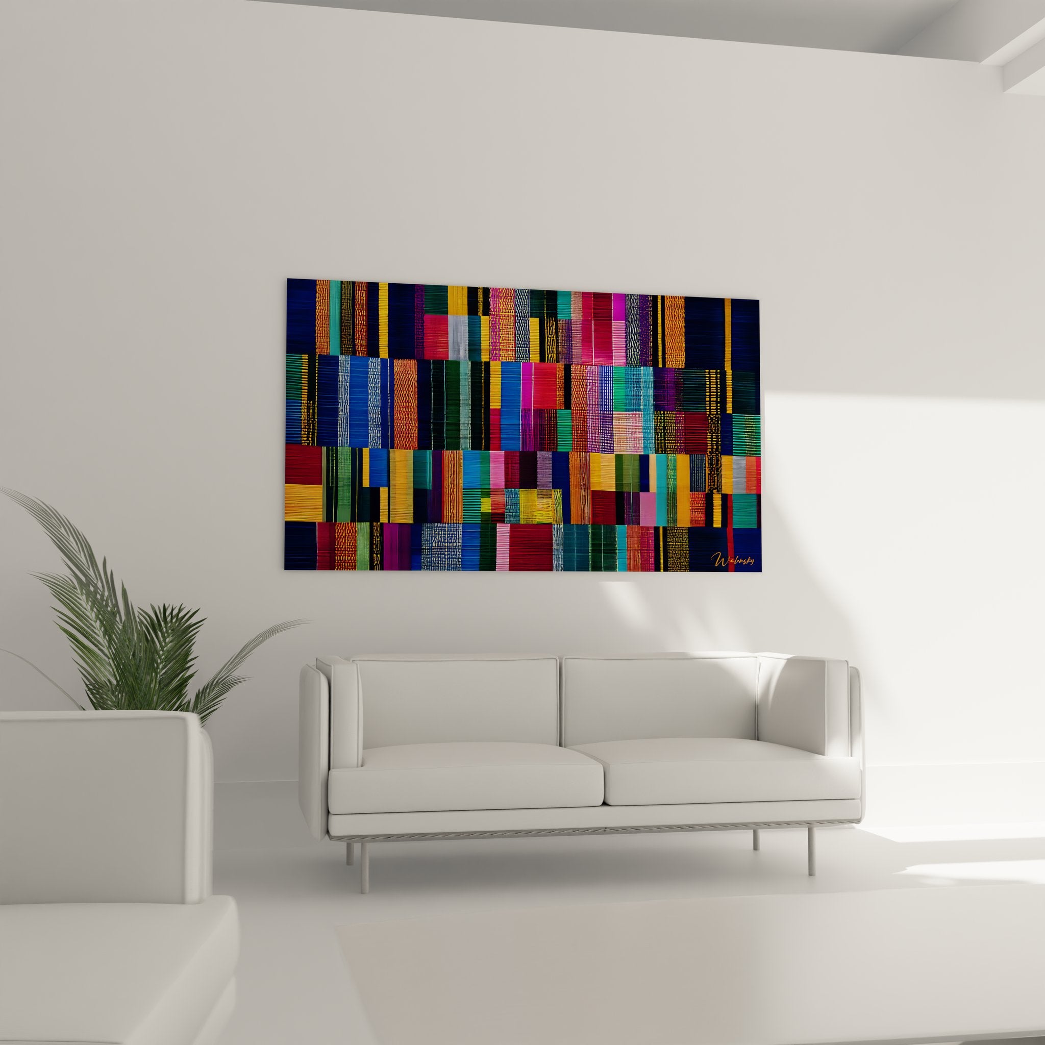 Détail des motifs géométriques et textures du tableau textile africain aux couleurs vibrantes