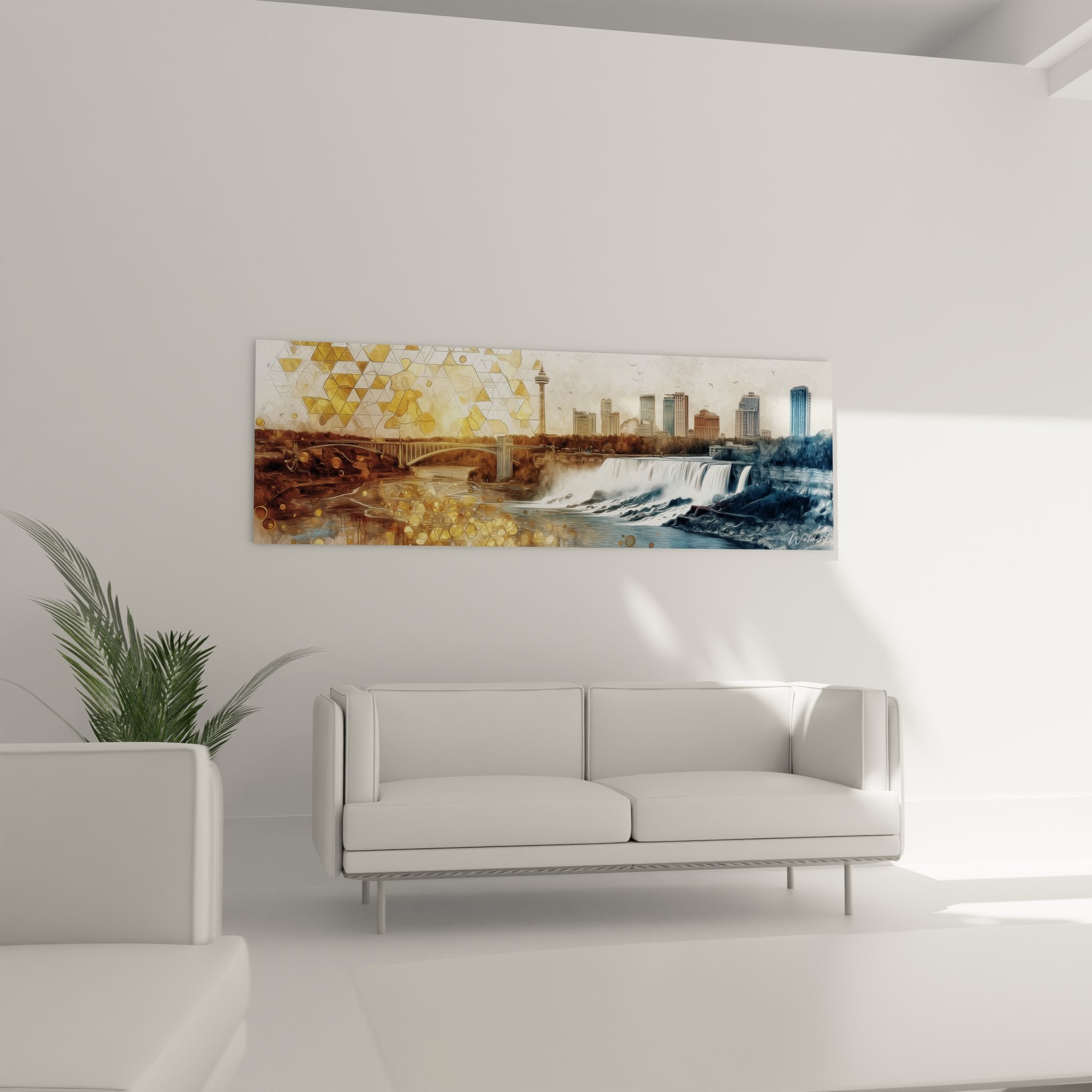 Détail motifs hexagonaux dorés sur tableau cascade urbaine contemporaine