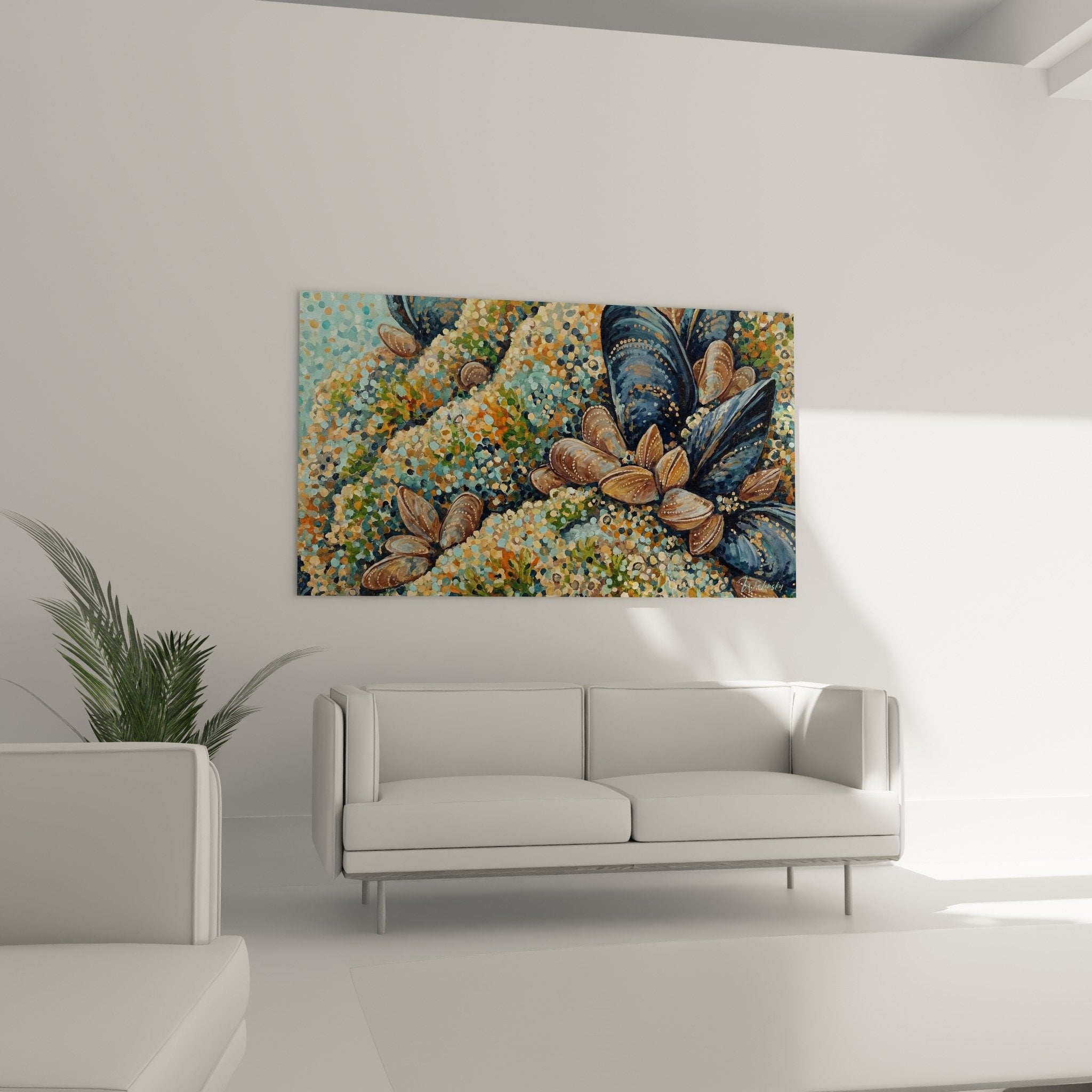 Nahaufnahme Meeresmuscheln Pointillismus Details blaue orangefarbene Farben Perlmuttglanz Muschelschalen