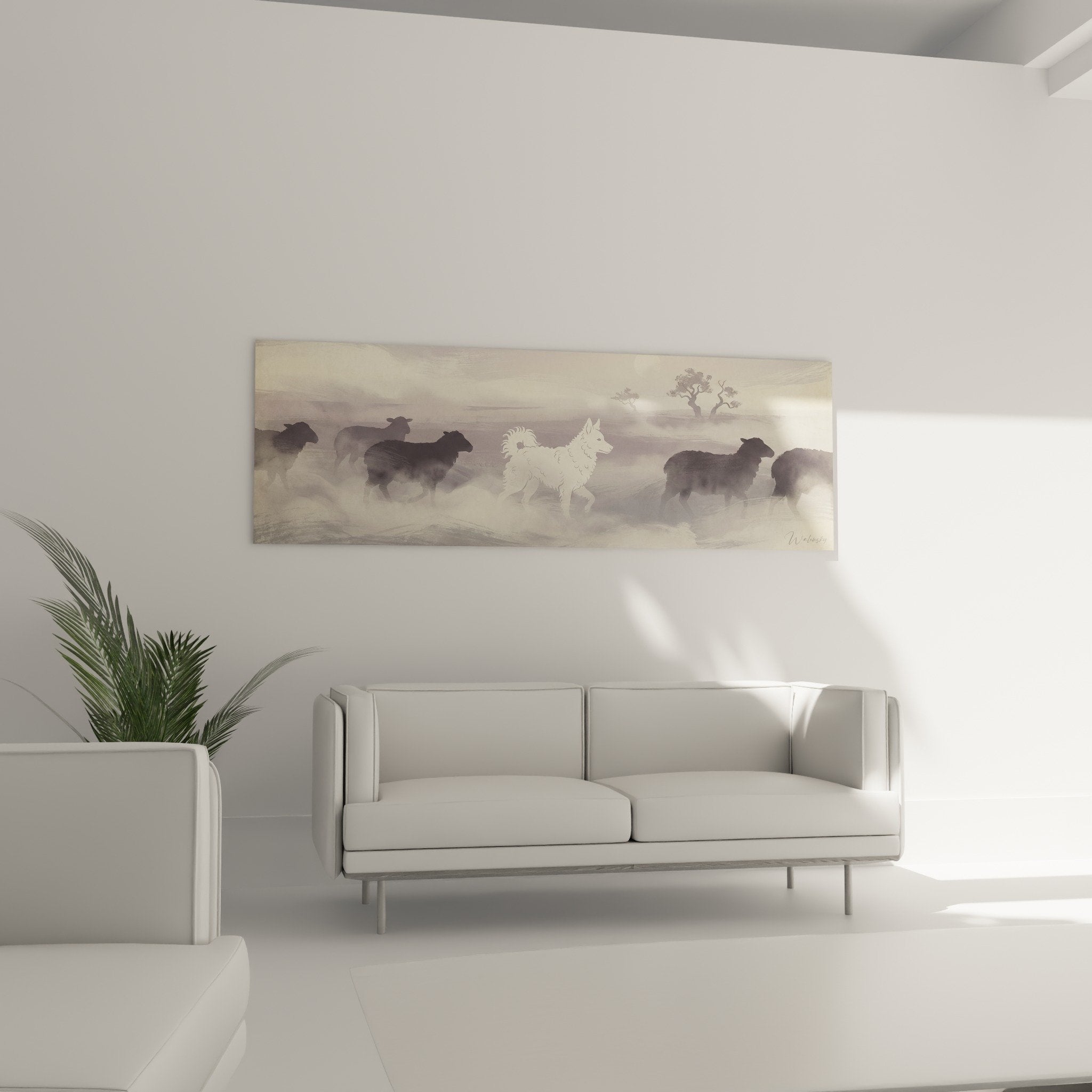 Detail of Mudi white painting immaculate coat contrasting gray silhouettes pastoral movement clouds dust