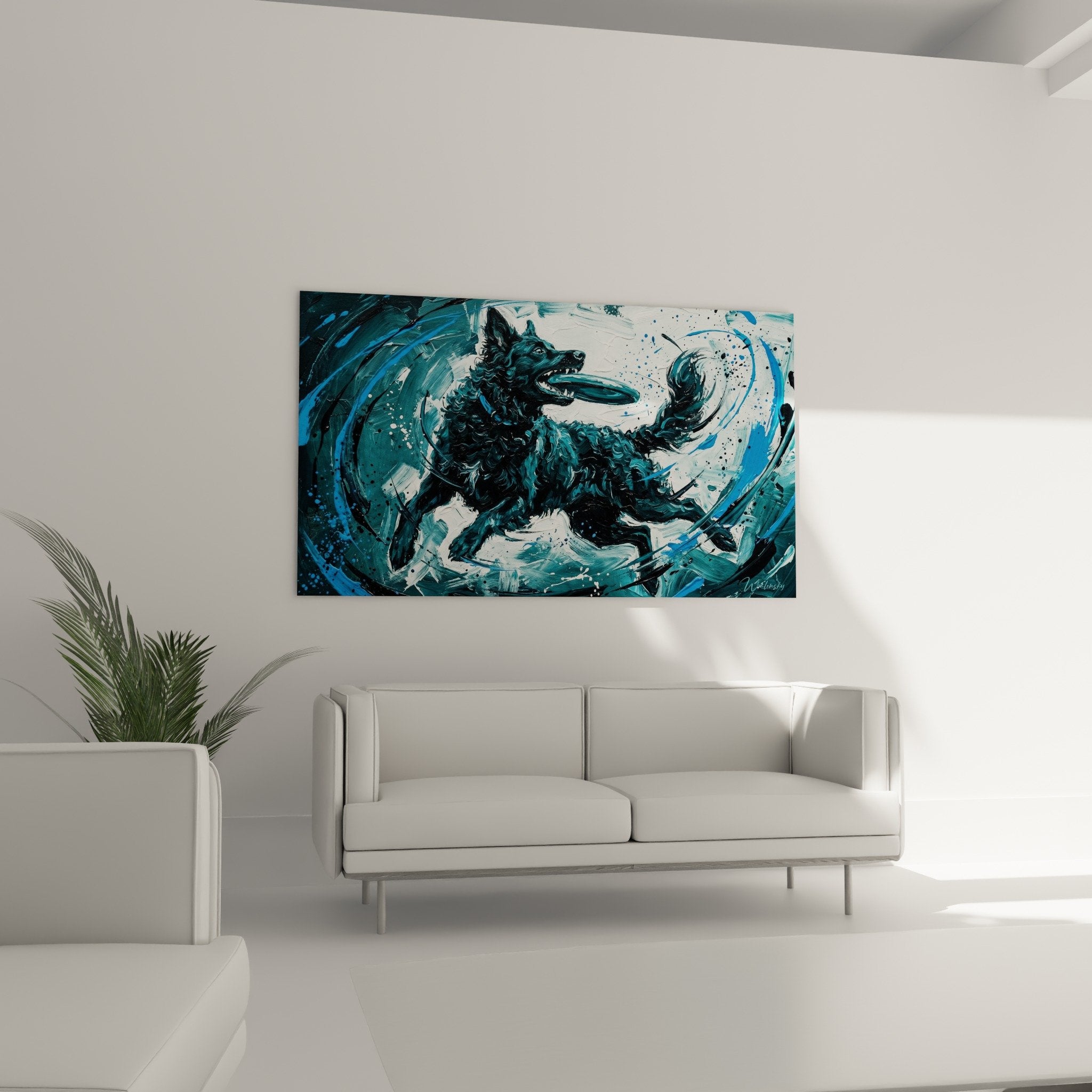 Detail peinture Mudi dans eau turquoise coup pinceau texture eclaboussures artistiques