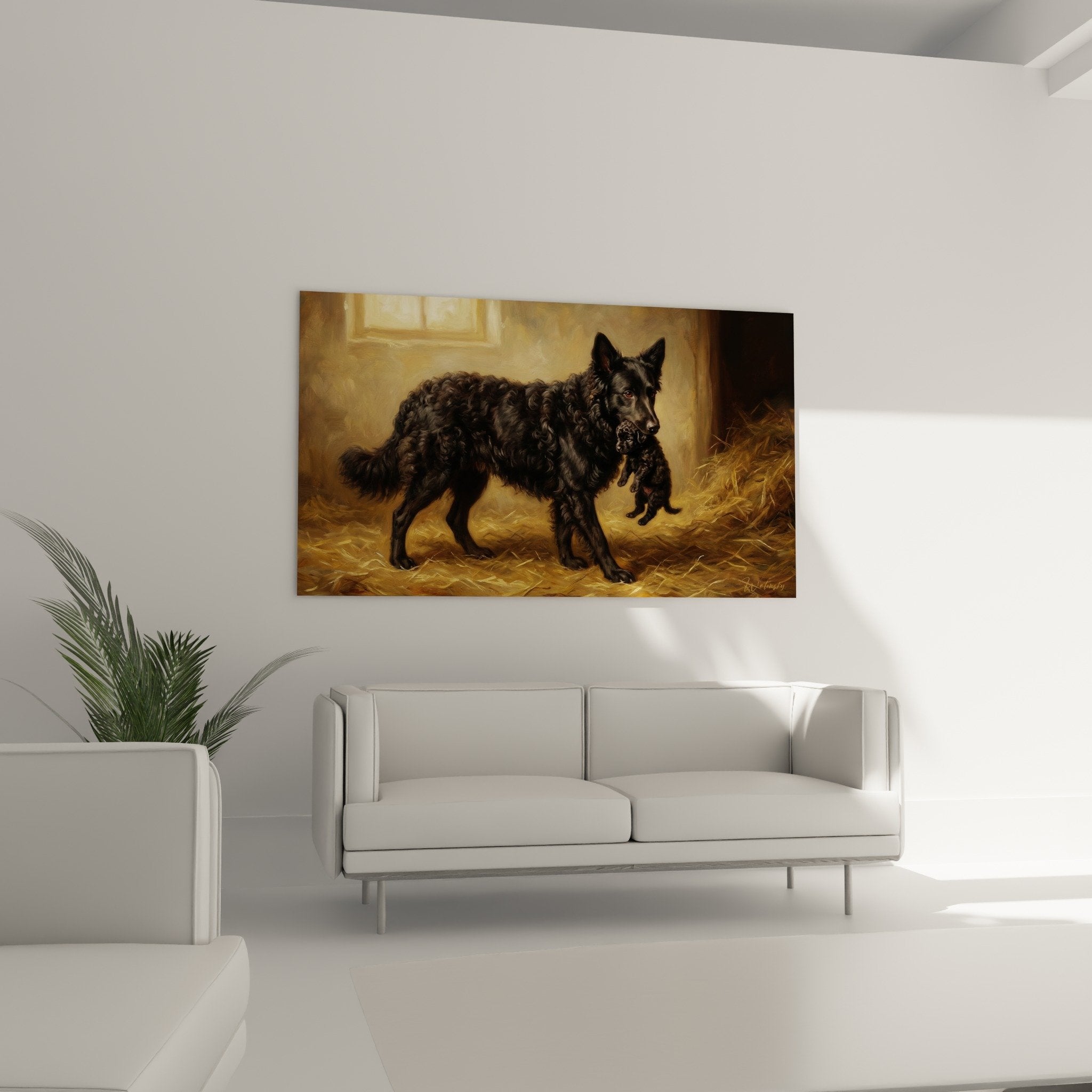 Detail of Mudi black curly coat dog holding golden straw puppy window light sheepfold