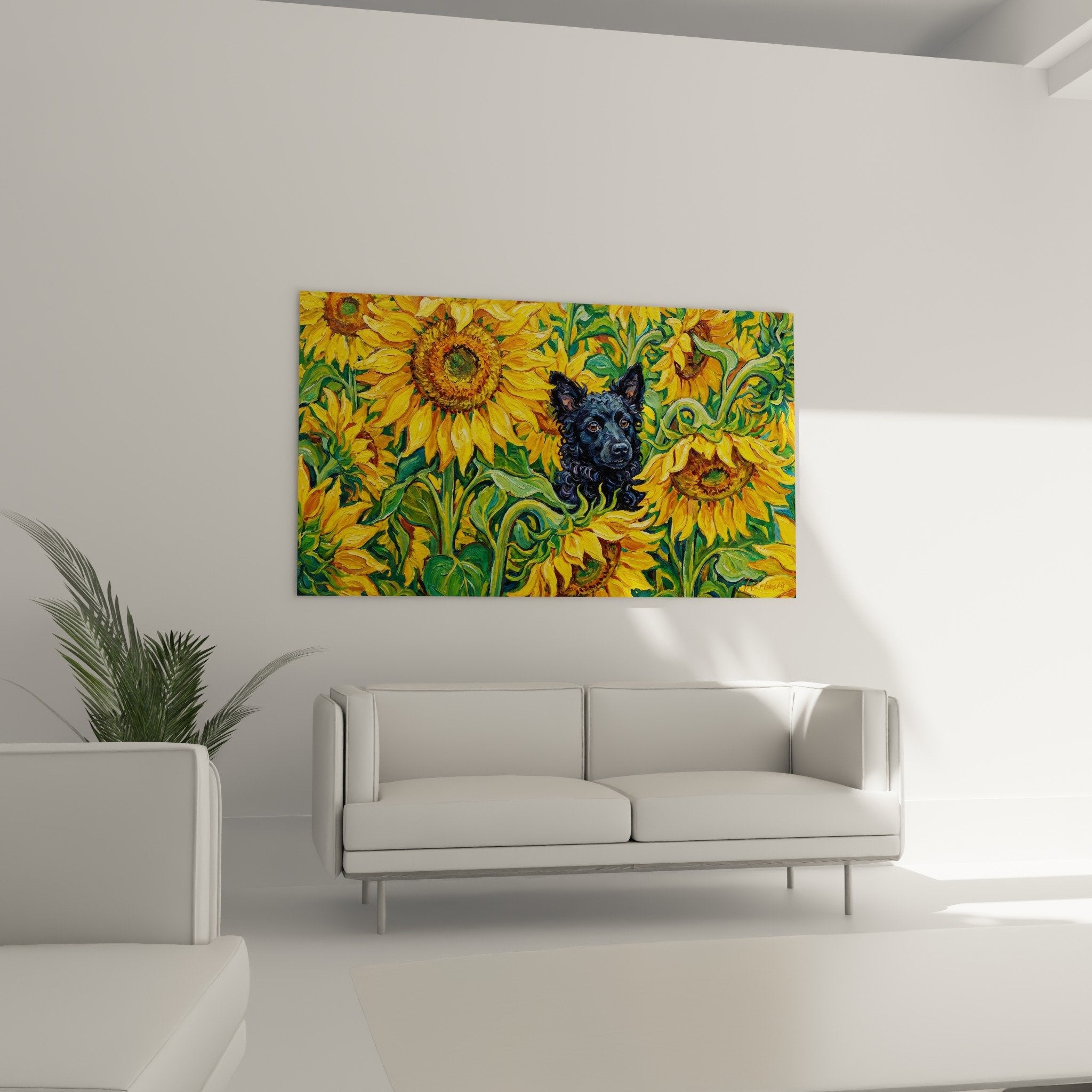 détail tableau mudi regard ambré pinceau tourbillonnant tournesols dorés texture peinture impressionniste