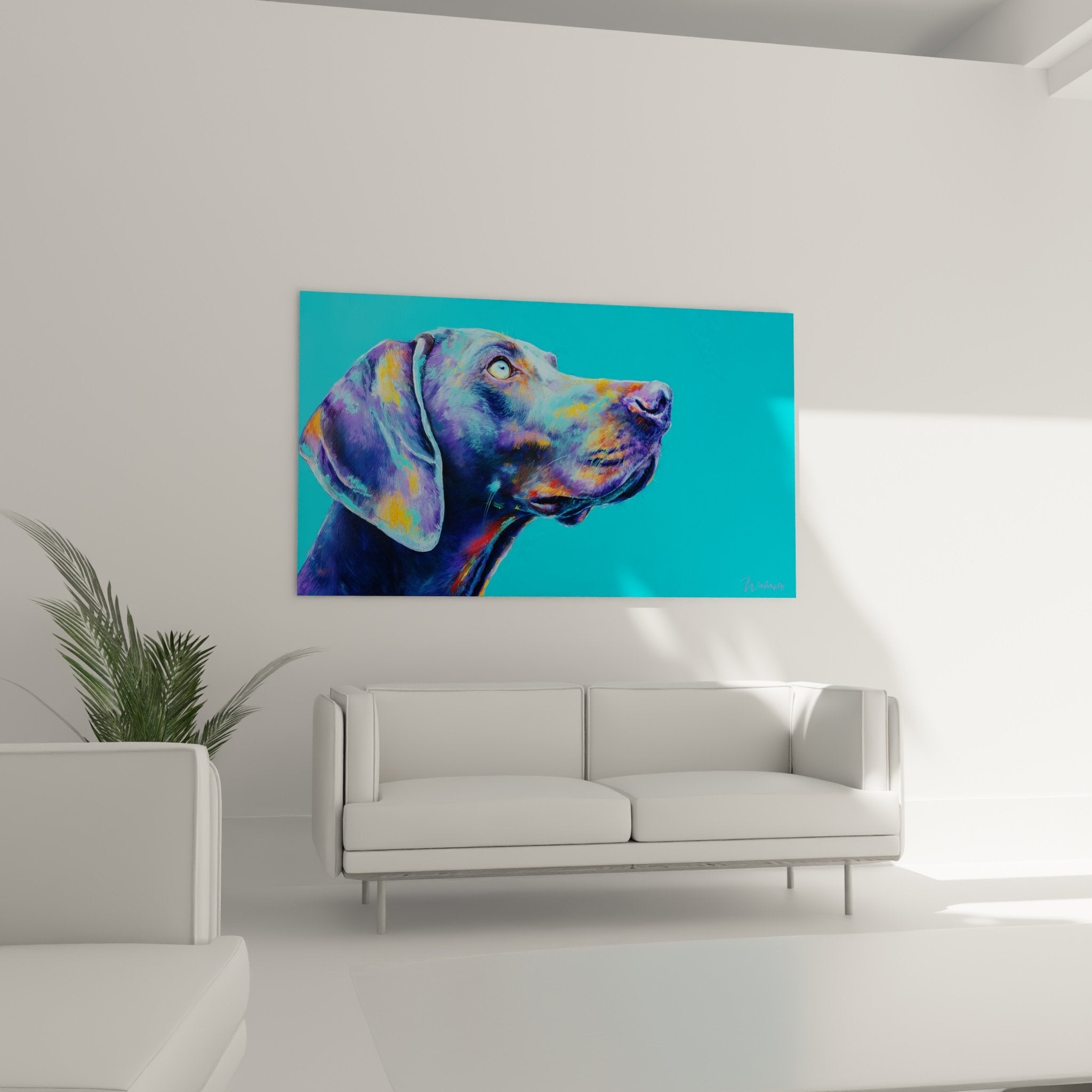 Détail du museau du weimaraner aux couleurs vives montrant la technique picturale et les nuances