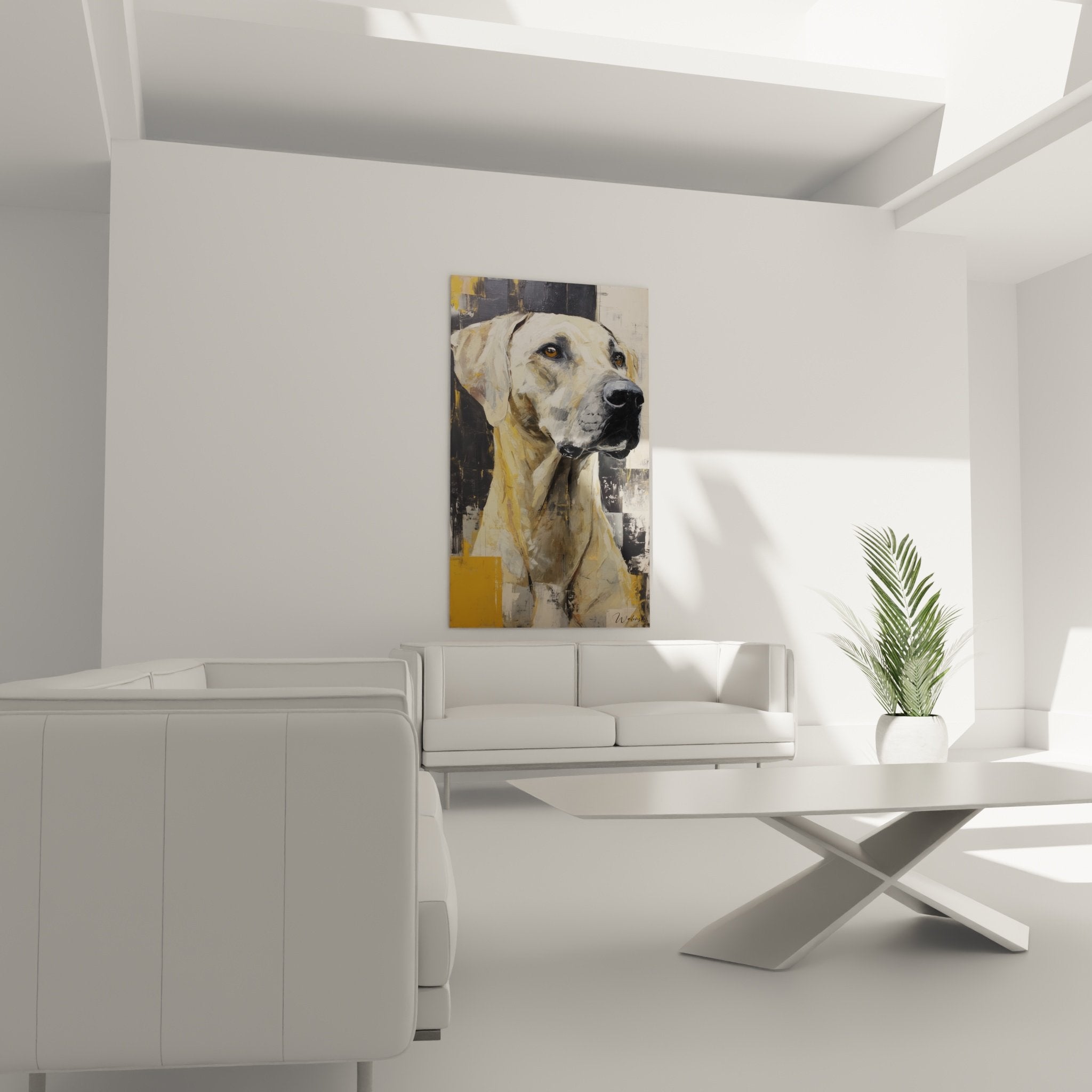 Détail du museau et des yeux dorés du Rhodesian Ridgeback, technique picturale réaliste et texturée