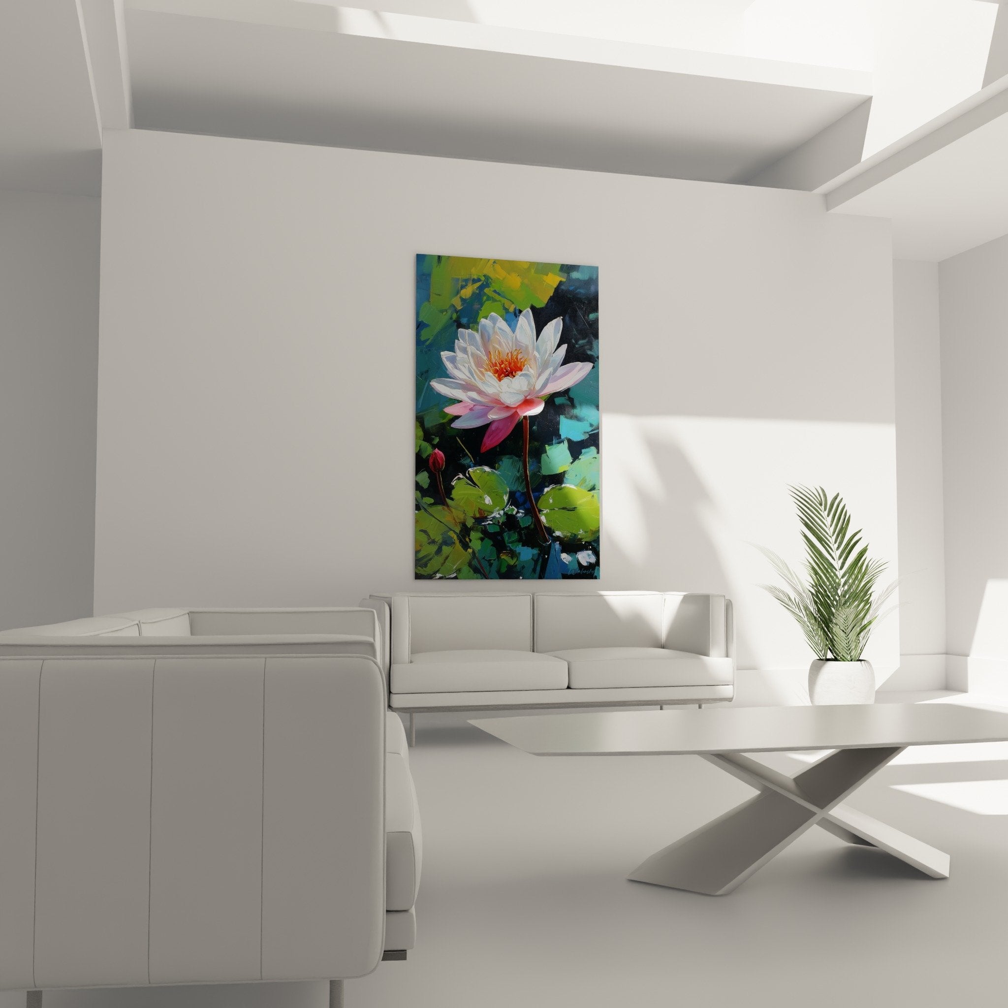 Détail rapproché du nénuphar blanc aux nuances rosées et étamines dorées sur toile artistique