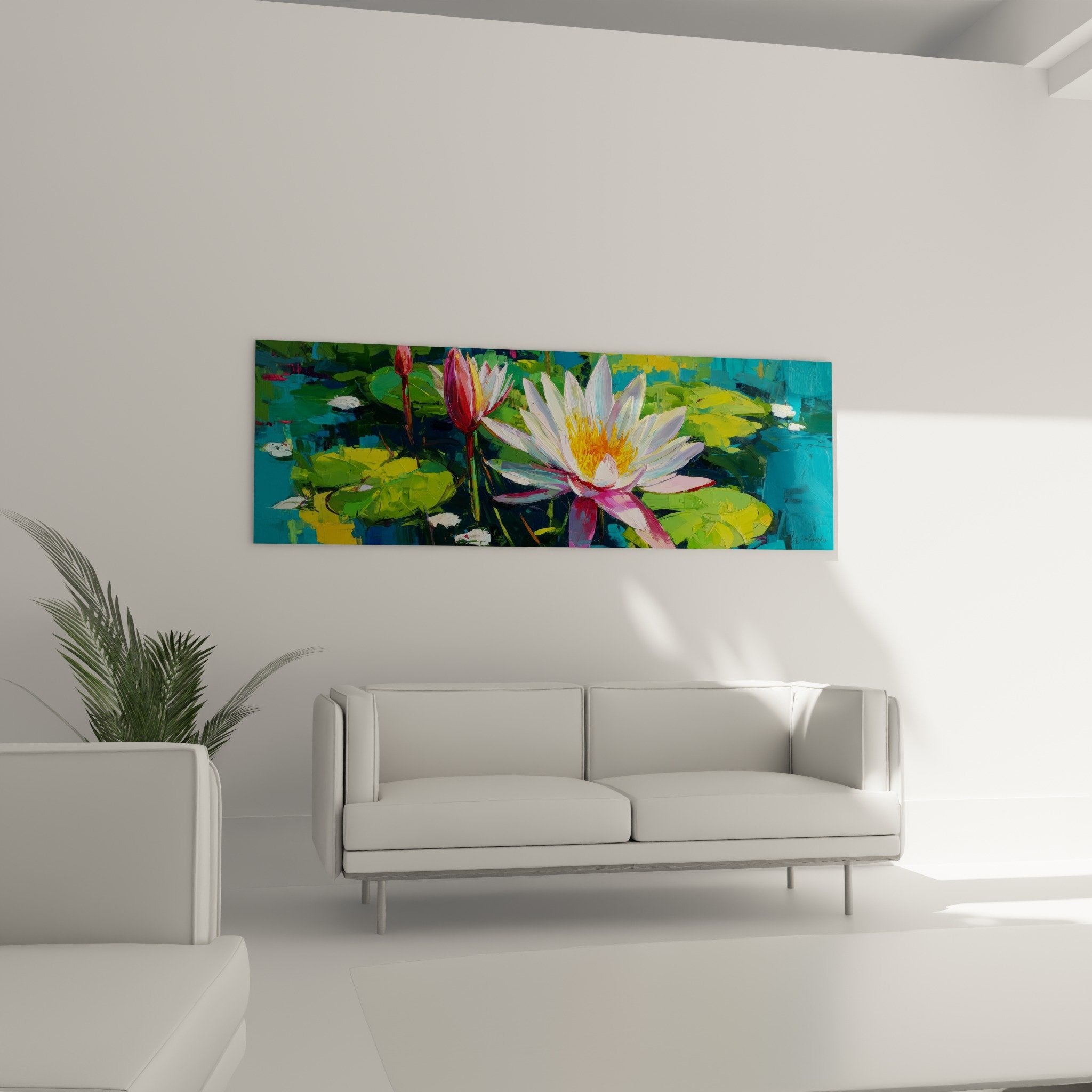 Détail peinture nénuphars pétales blancs roses cœur or technique picturale coups pinceau expressifs