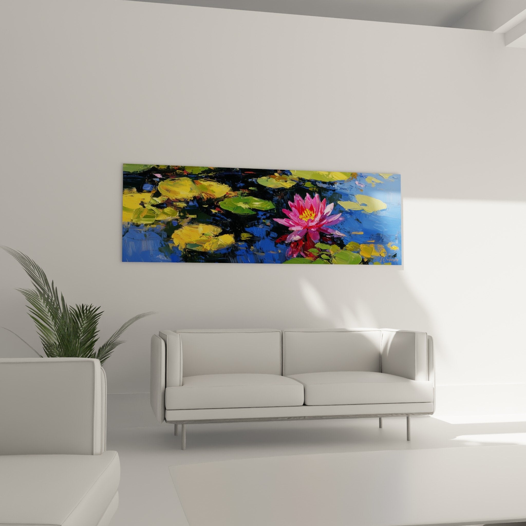 Detail of radiant pink water lily painting on blue water, impressionist technique, expressive brushstrokes