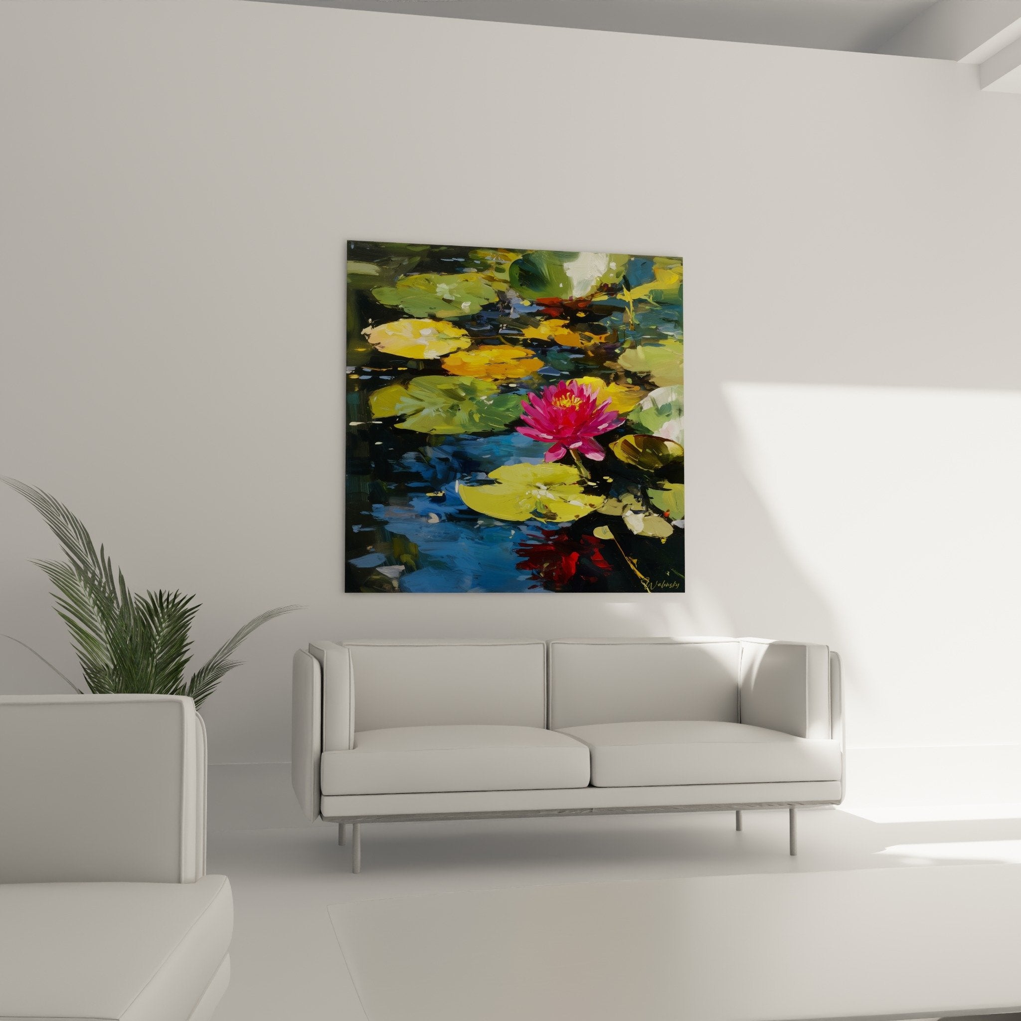 Détail rapproché peinture nénuphar rose pétales fuchsia cœur doré technique impressionniste empâtements