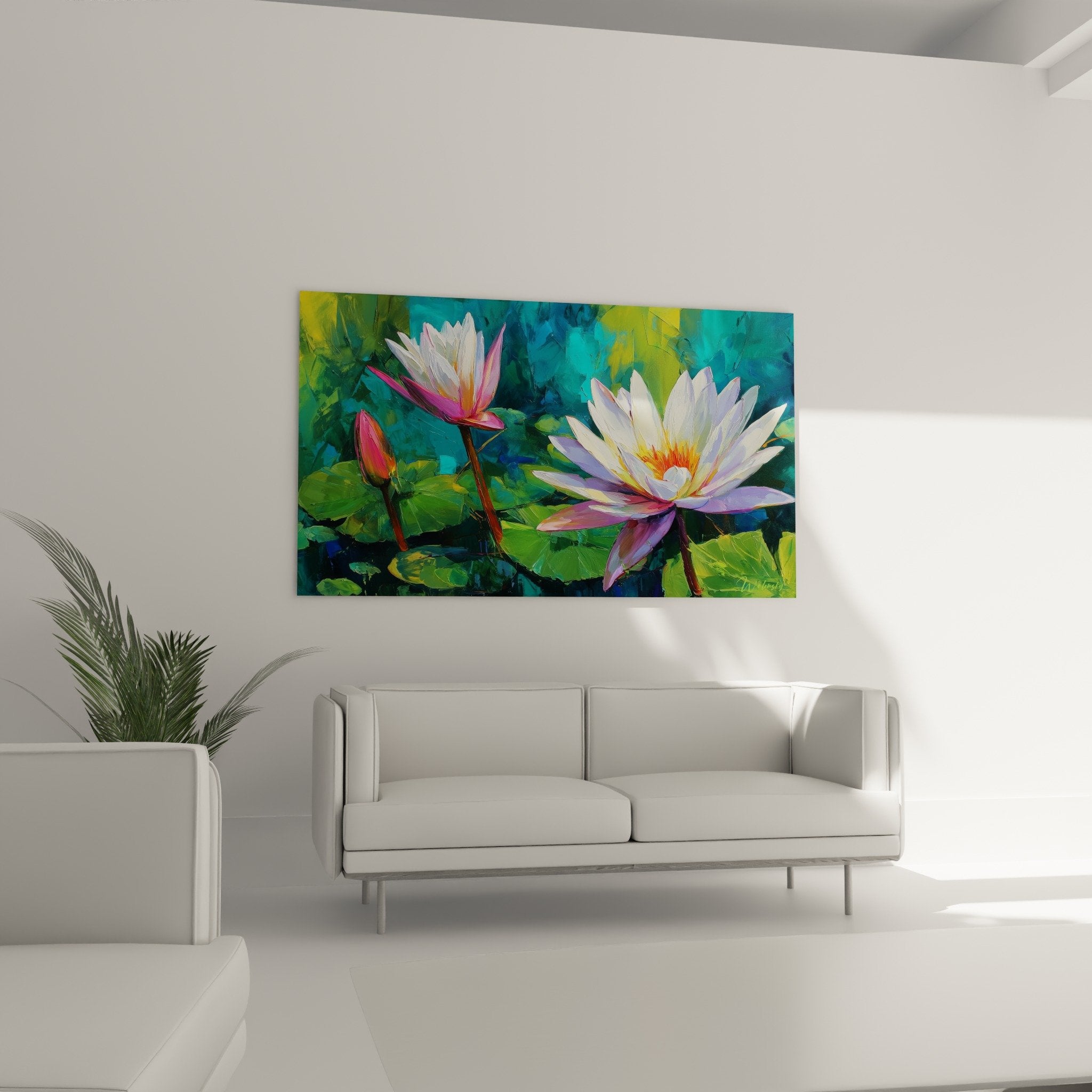 Détail nénuphar blanc aux pétales rosés, cœur orange doré, peinture impressionniste aquatique