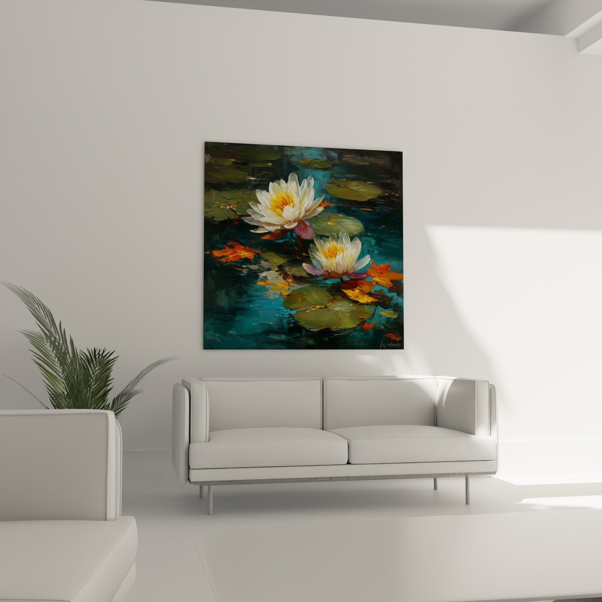 detail nenuphars blancs coeurs dores peinture texturee coups pinceau empâtements art moderne