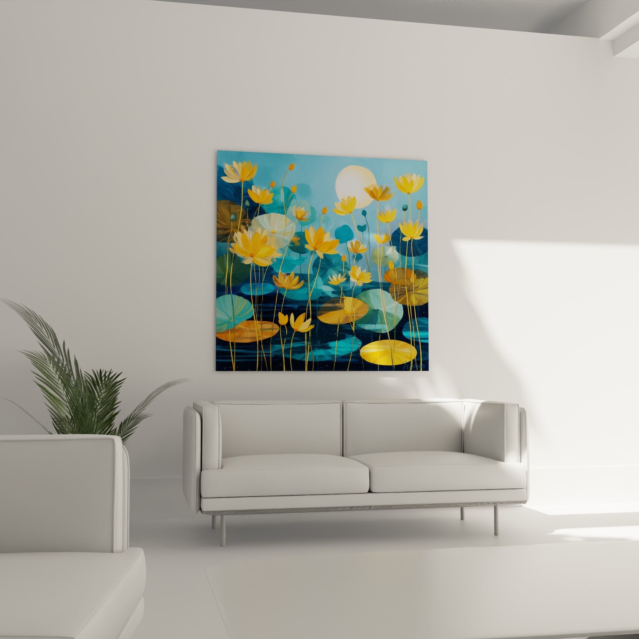 Golden water lilies and jade leaves detail on turquoise water, contemporary impressionist style painting