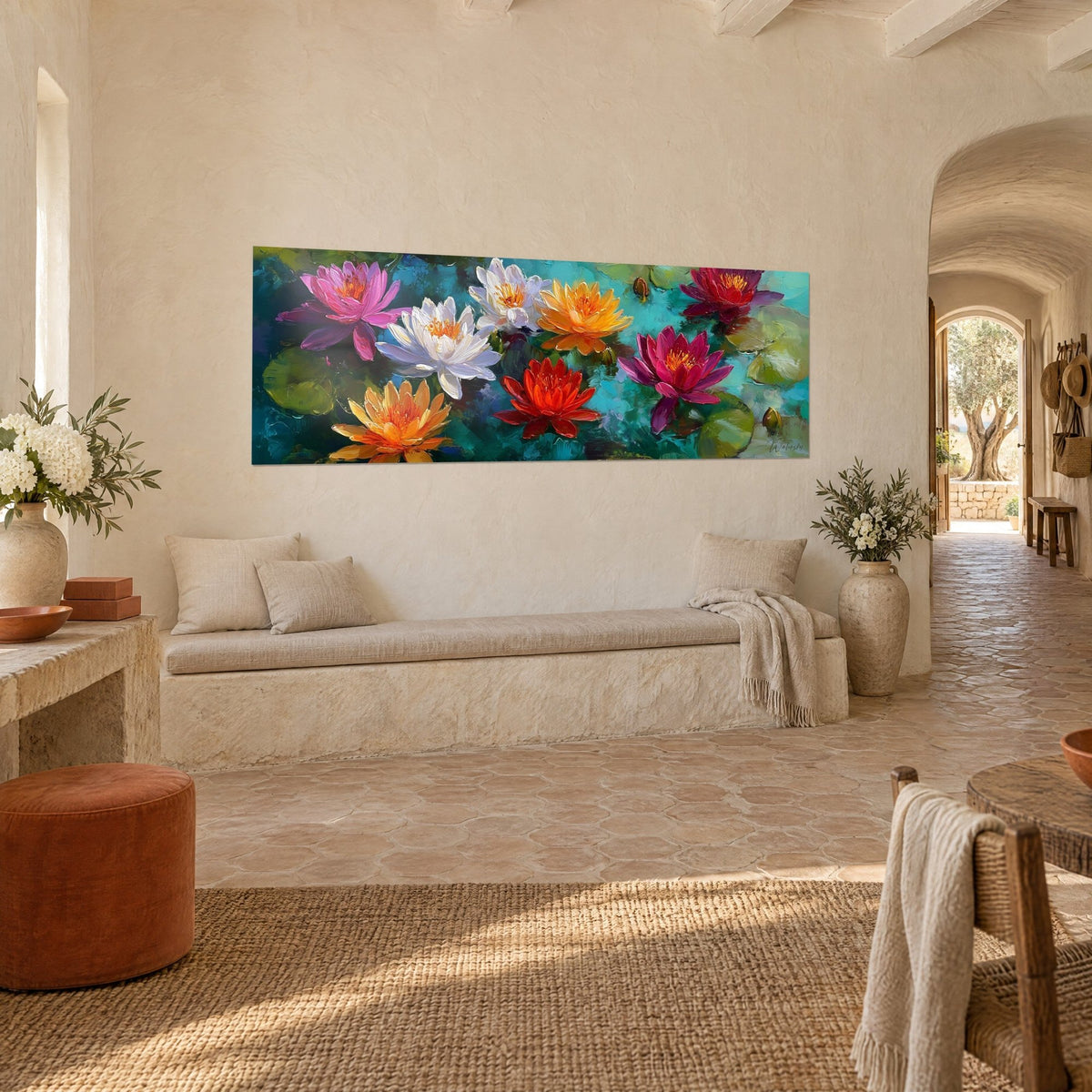 Schilderij van een geschilderde waterlelietuin, paarse en saffraankleurige lotusbloemen tussen groene bladeren, Provençaals stenen huis in licht gesteente