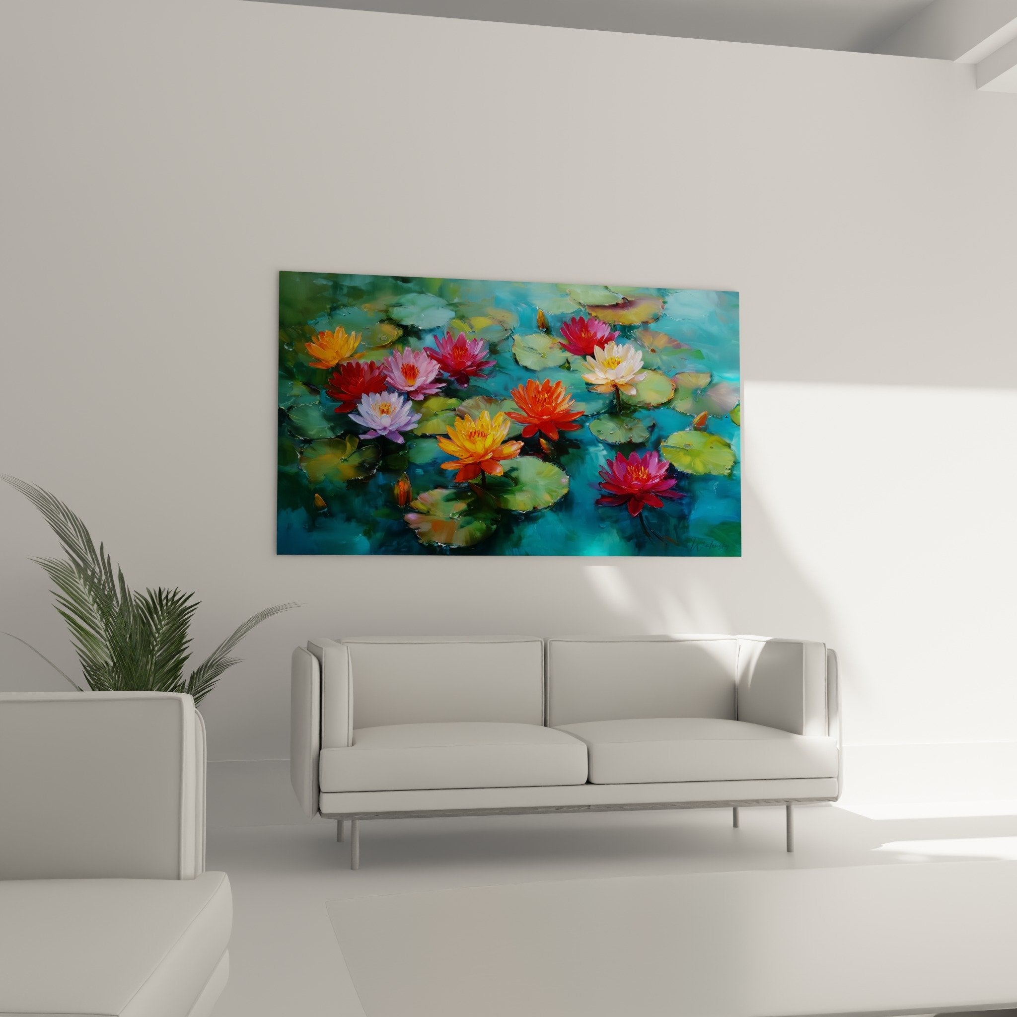 Détail nénuphar rose fuchsia et orange sur eau turquoise avec reflets lumineux peinture impressionniste