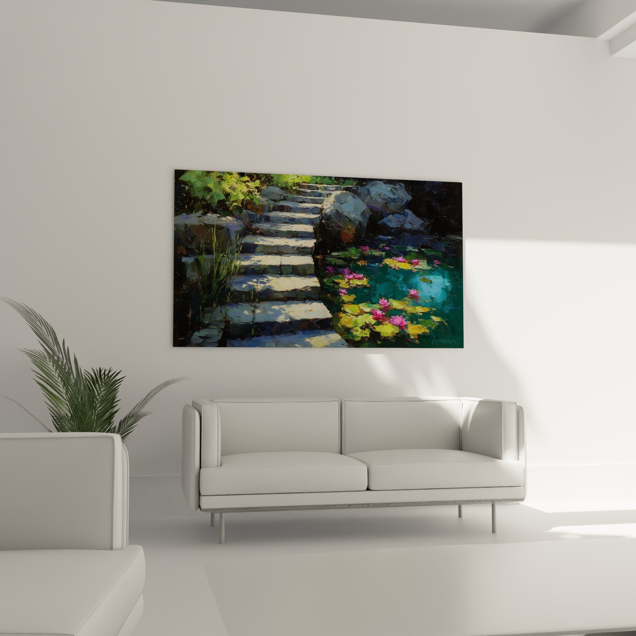Détail nénuphars roses fleurs aquatiques feuilles vertes reflets eau turquoise tableau Edition Nénuphare